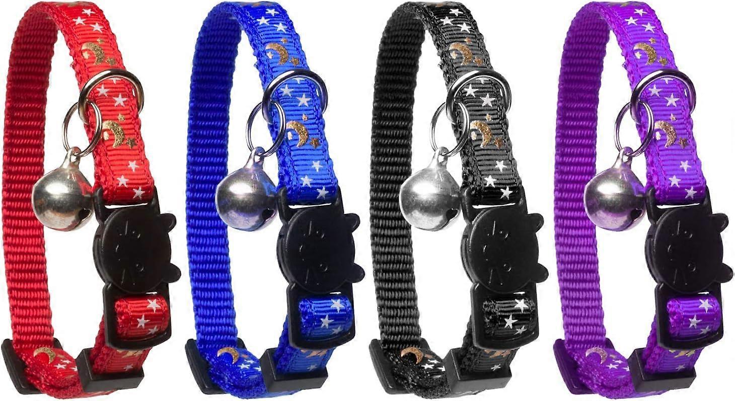 Upgraded Version - Cat Collar Stars and Moon, 4-Pack, Reflective with Bell, Solid & Safe Collars for Cats, Nylon, Kitty Collars, Pet Collar, Breakaway