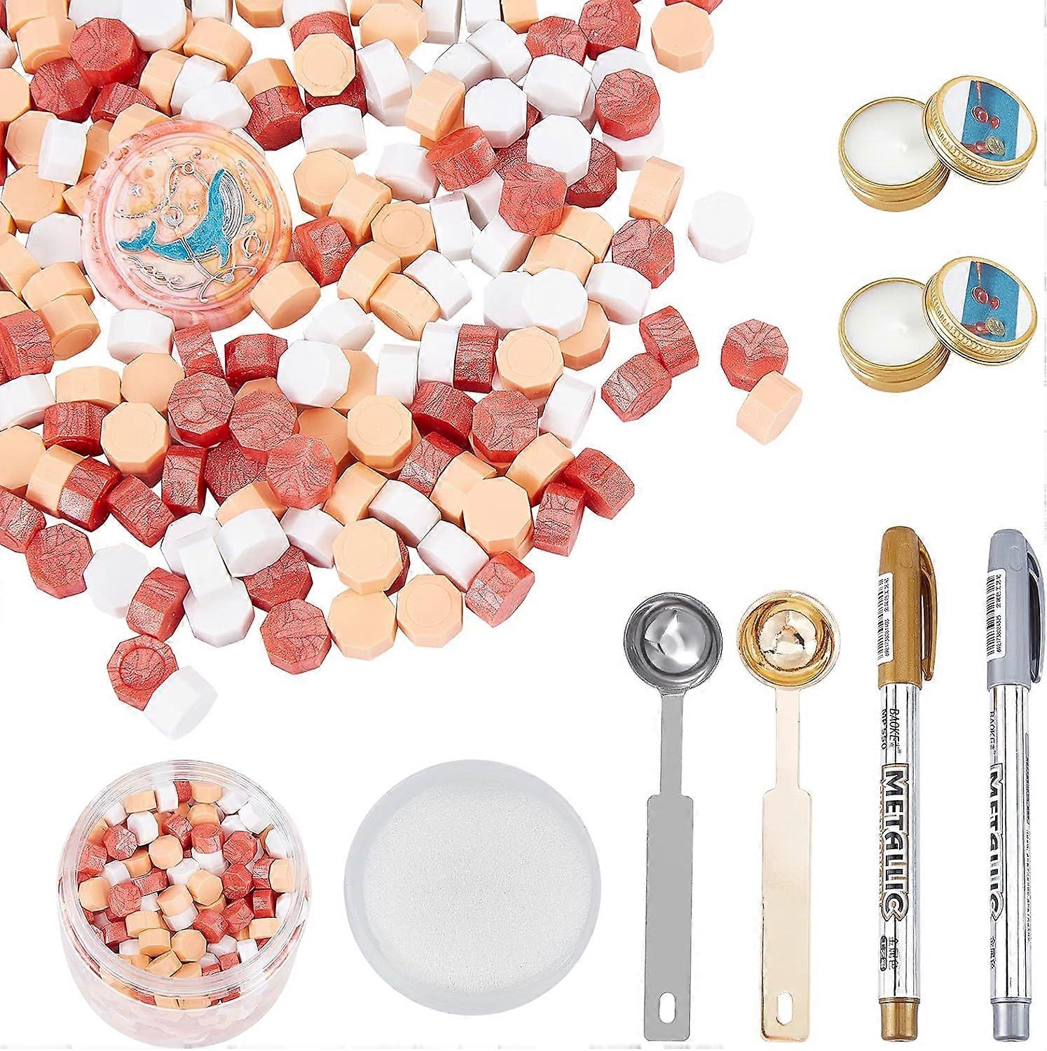 Sealing Wax Beads Kit 500PCS Wax Seal Beads Three Colors Packed in Box with Candles Marker Pens and Wax Melting Spoons for Wax Seal Stamp Sealing Enve