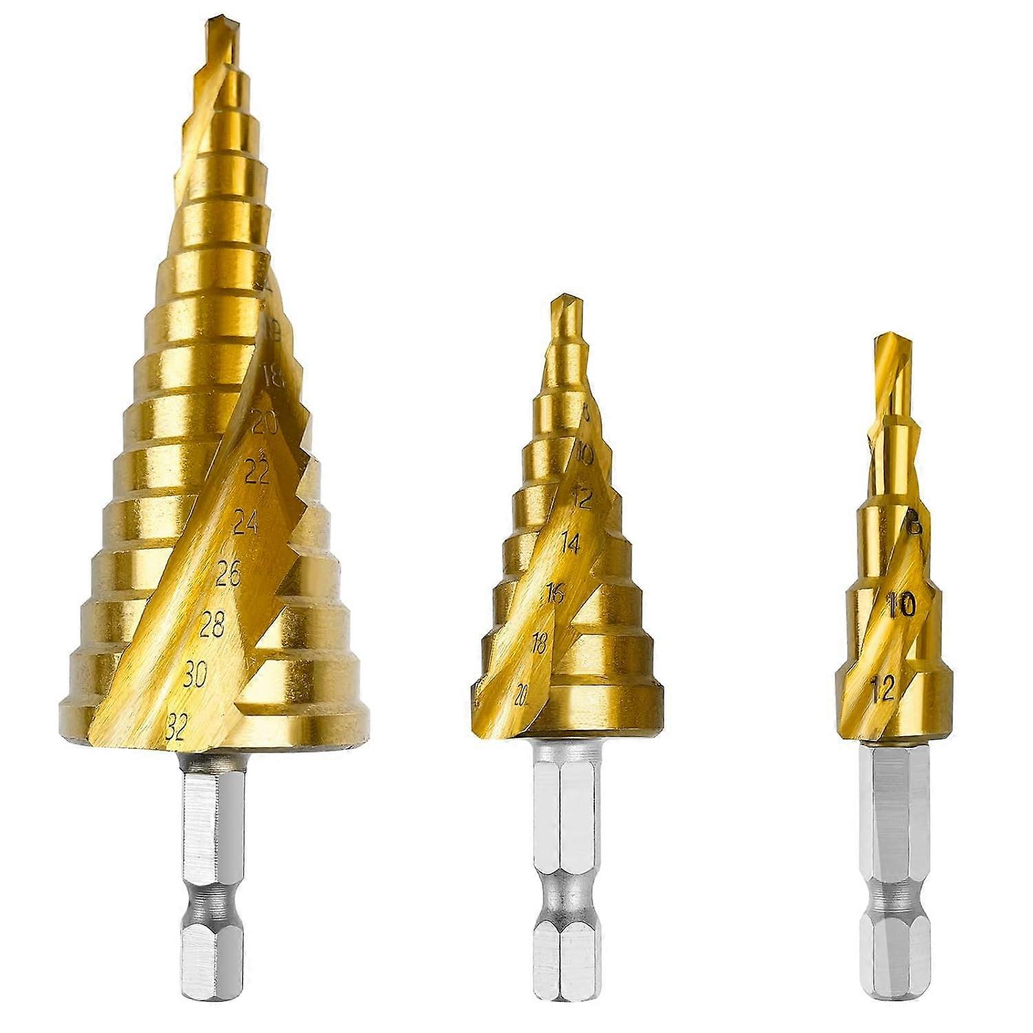 good 3Pcs Step Drill Bit, 4-12mm/4-20mm/4-32mm HSS Countersink Drill Bit with Titanium Coating, Double Slot Steel Metal Drill Bit, Step Drill Bit with