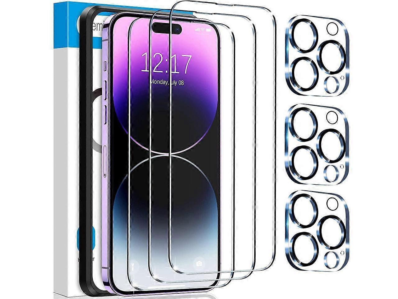 [3+3 Pack] iPhone 15 Pro 6.1 Inch Screen Protector with Camera Lens Protector, 9H Shatterproof Tempered Glass Film with Easy Installation Frame, HD Cl