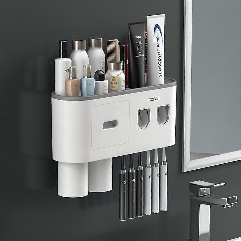 Wall-mounted toothbrush holder with double automatic toothpaste dispenser, 2/3 cups (grey, 2 toothpaste dispensers, 2 cups)