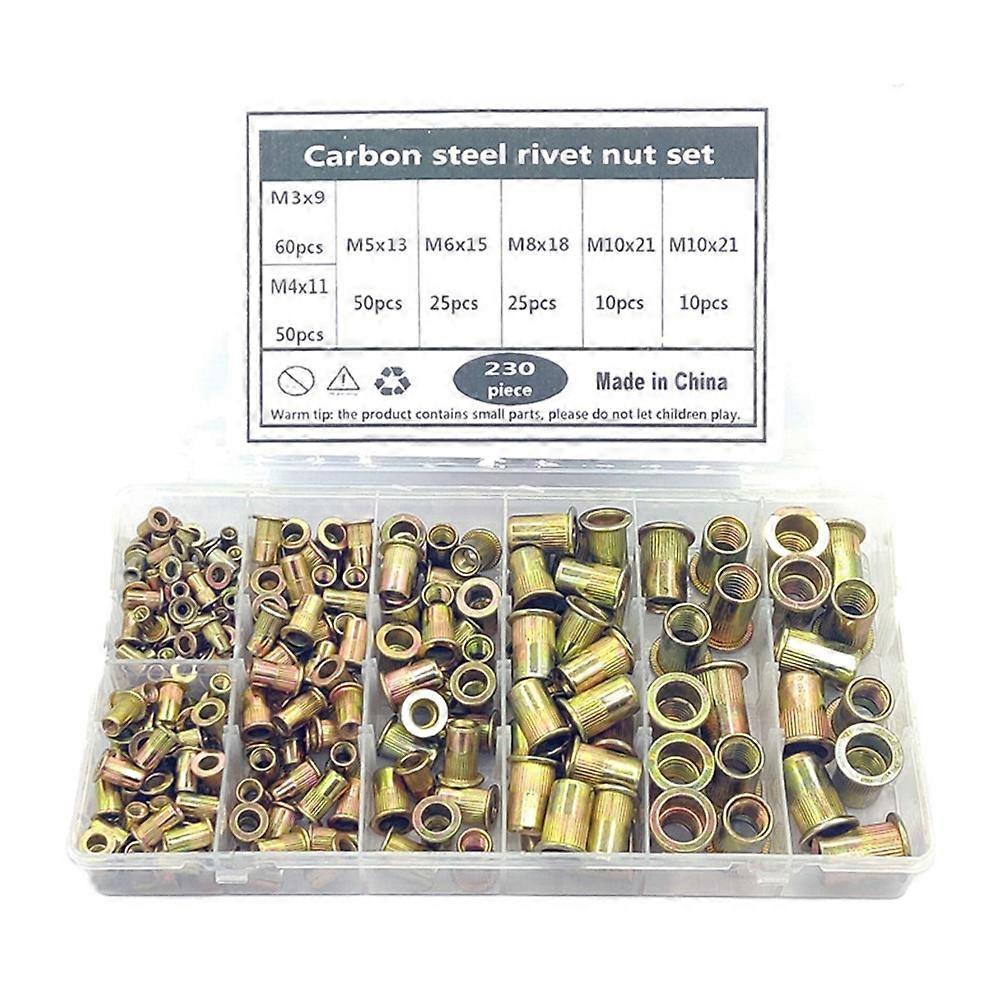 230Pcs/Set M3/M4/M5/M6/M8/M10 Multi Size Carbon Steel Flat Head Rivet Nuts Kit