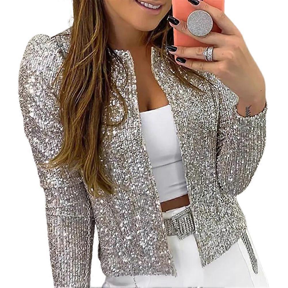 Women's Sequin Jacket Open Front Long Sleeve Crop Blazer Puff Sleeve Sparkly Coats Christmas Disco Sparkling Top
