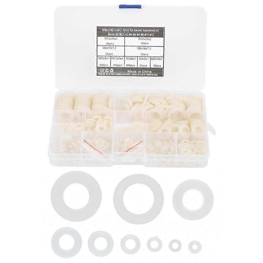 600Pcs Flat Washer 9 Sizes White Nylon Gasket Assortment Kit Fastener Hardware Tools M2-M12