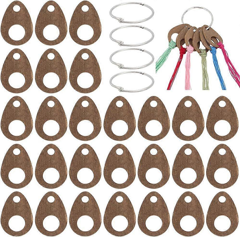 100pcs Teardrop Wood Thread Drops 2x1.3inch Wood Floss Bobbin Drops Cross Stitch Thread Organization with Floss Ring for Craft DIY Sewing Storage 2mm