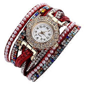 Kolorowy zegarek kwarcowy ze skórzanym paskiem z kryształu górskiego PU Faux Pearl Shinning Female Watch (czerwony)