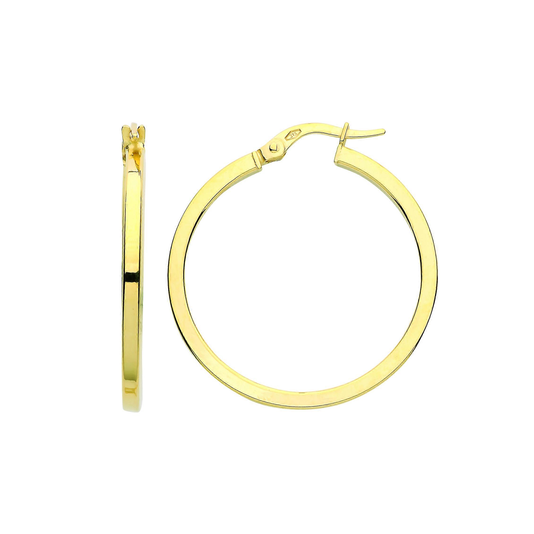 Jewelco London Ladies Yellow 9ct Gold Plain Polished Square Tube Hoop Earrings 30mm 2mm