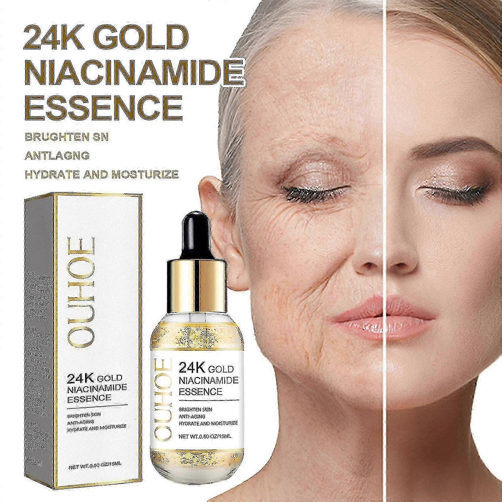L’essence pour le visage à l’or 24 carats OUHOE estompe les ridules et les sillons nasogéniens, hydrate, raffermit et anti-rides