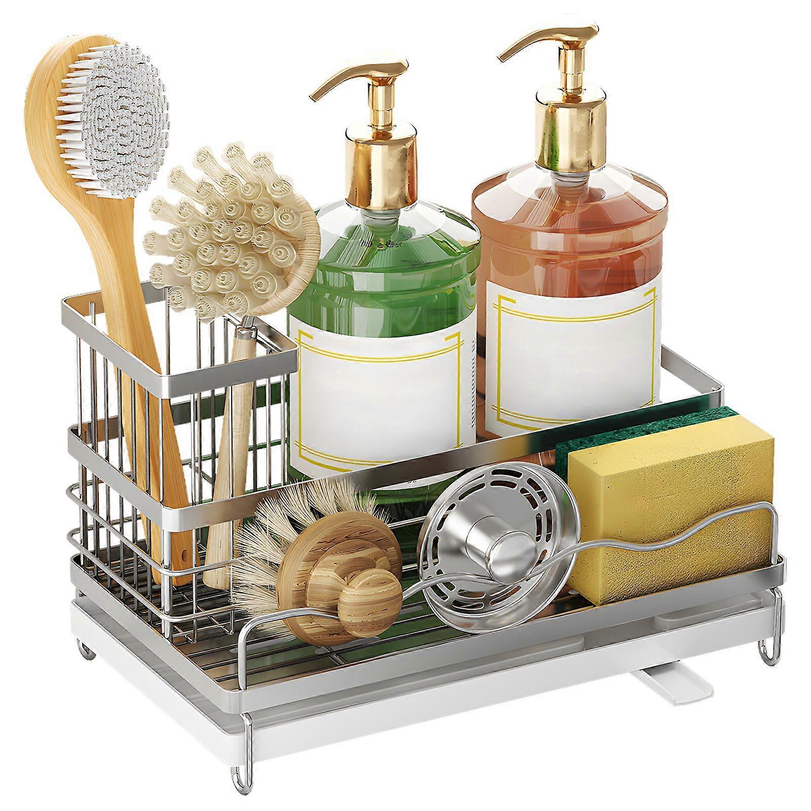 Sponge Holder for Kitchen Sink Caddy Organizer with Detachable High Brush Holder Rustproof Stainless Steel Dish Sponge Holder Drying Rack with Drain T