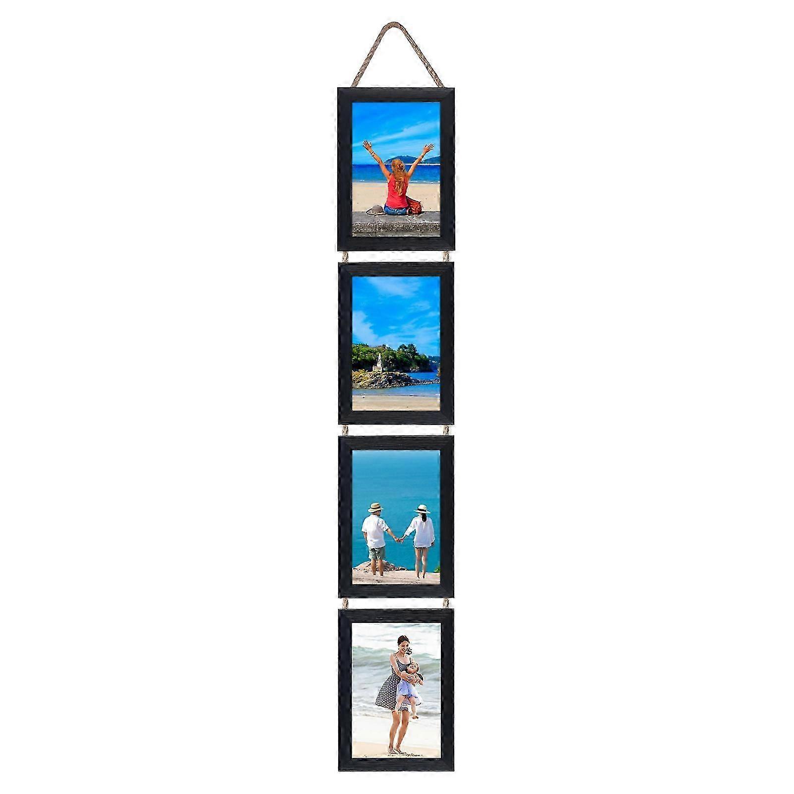 6/7-Inch Wall Hanging Photo Frame Rustic Solid Wood Vertical Collage Display Frame with Clear Glass DIY 4 Opening Picture Frame Wall Art Decoration