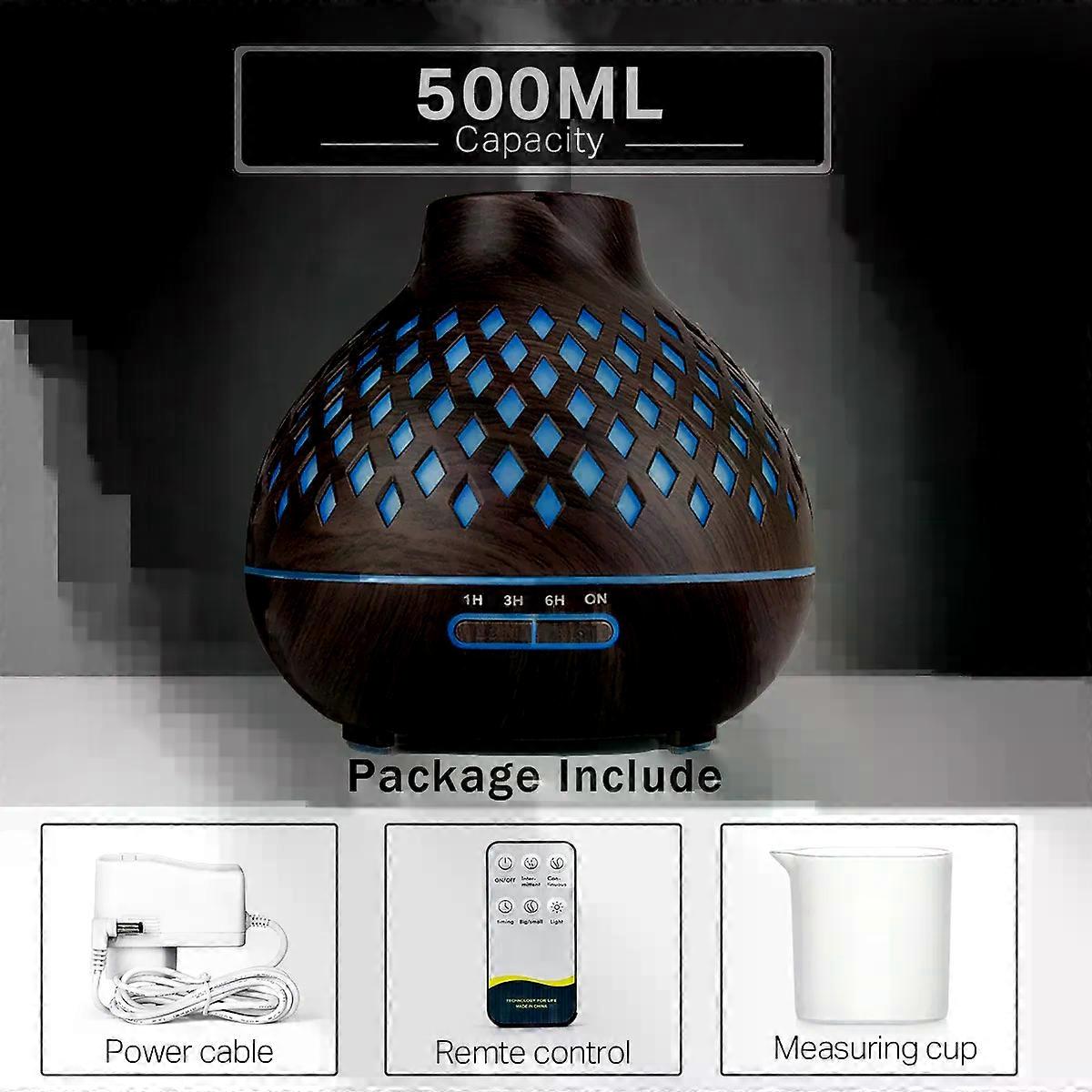 500Ml Aroma Essential Oil Diffuser Wood Grain Remote Control Ultrasonic Air Humidifier Cool With 7 Color Lights For Home
