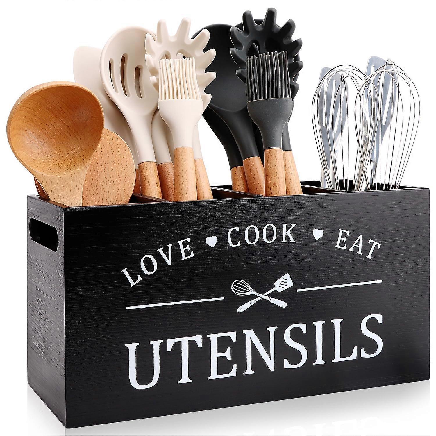 Extra Large Rustic Wood Utensil Holder for Kitchen Counter Countertop