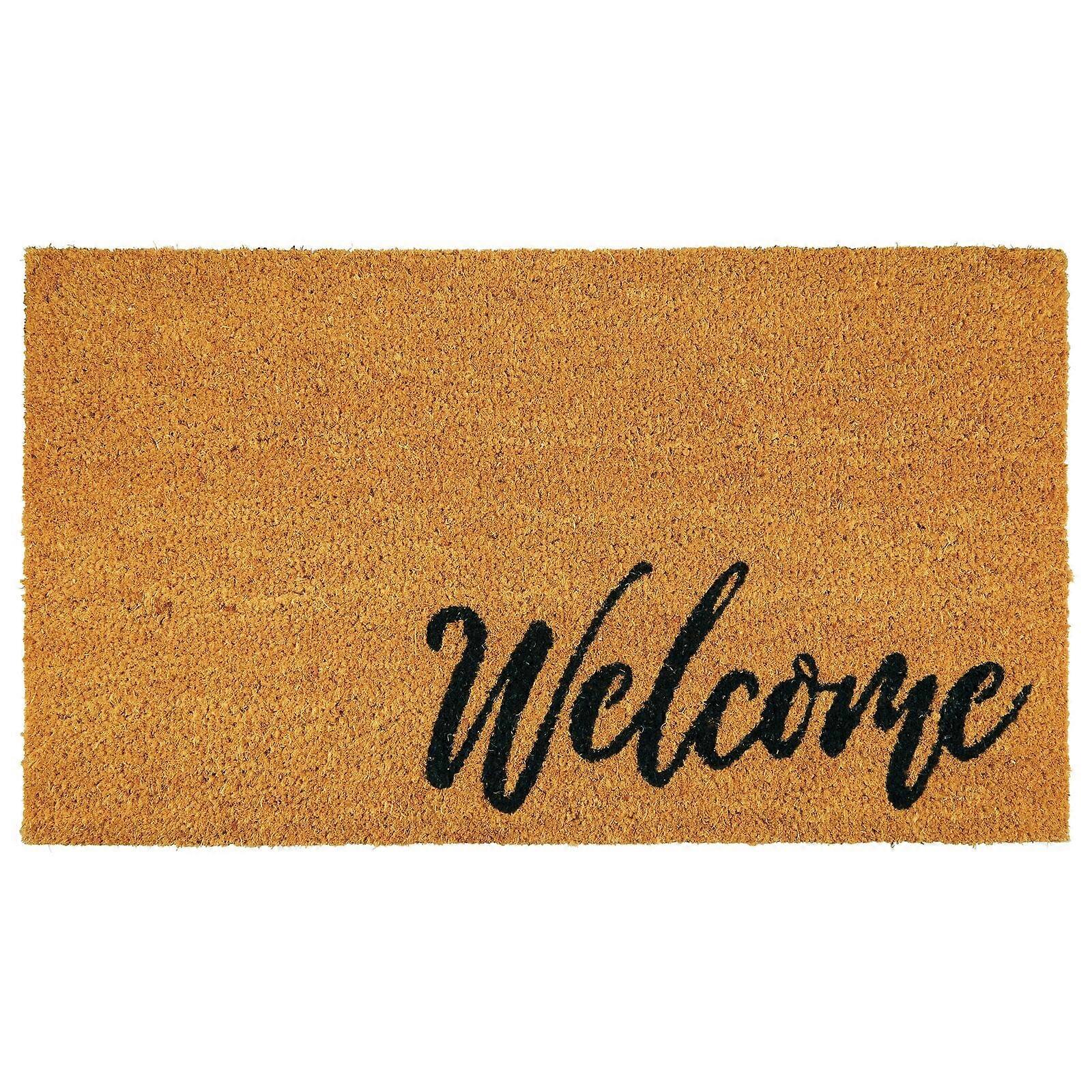 Non-Slip Rectangular Coir and Rubber Doormat with Natural Fibers Decorative Script Design for Indoor Outdoor Entryway Welcome Natural/Black Letters