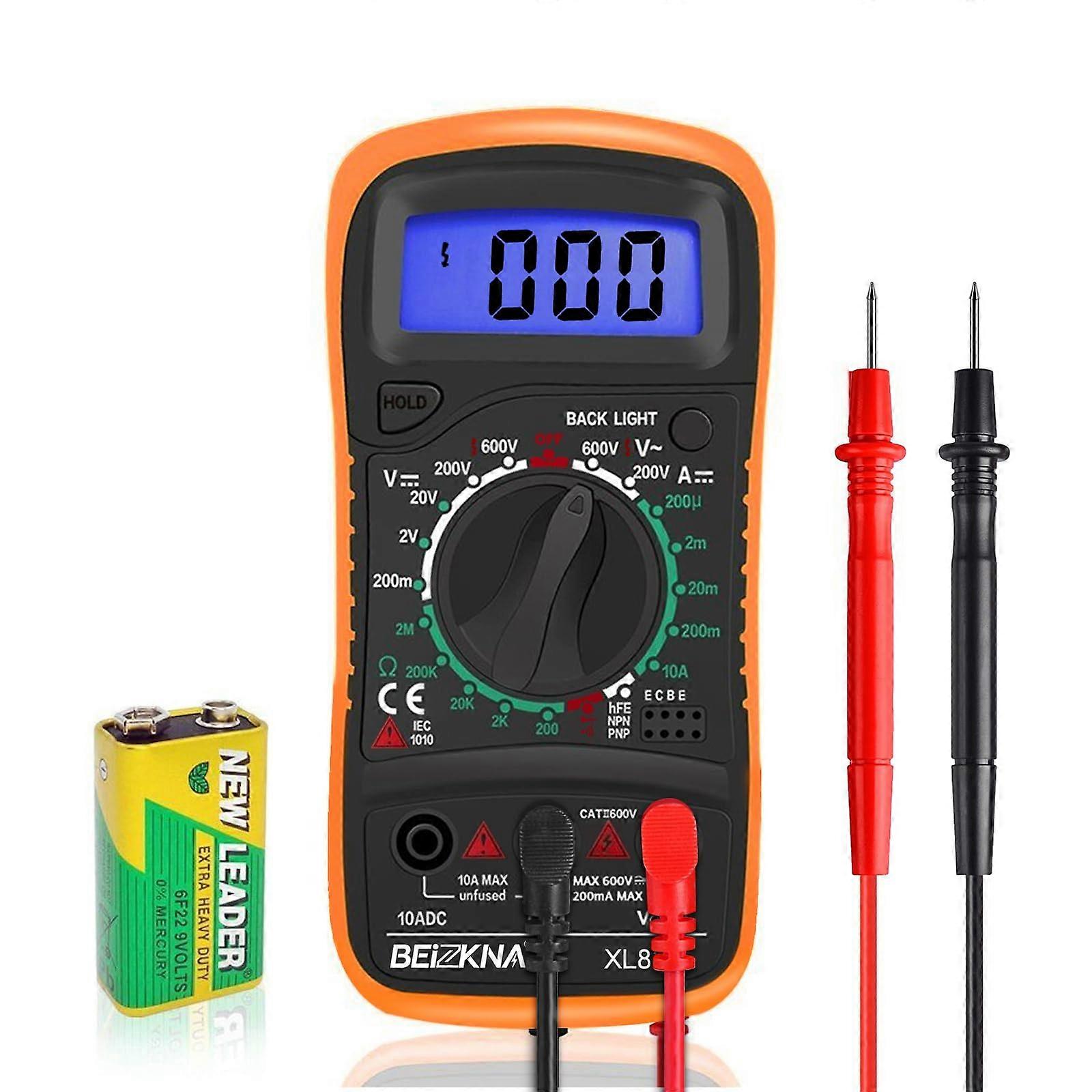 Digital Multimeter Voltmeter Battery Voltage Tester AC/DC Ohm Resistance Amp Current Continuity Diode With Test Leads Backlight