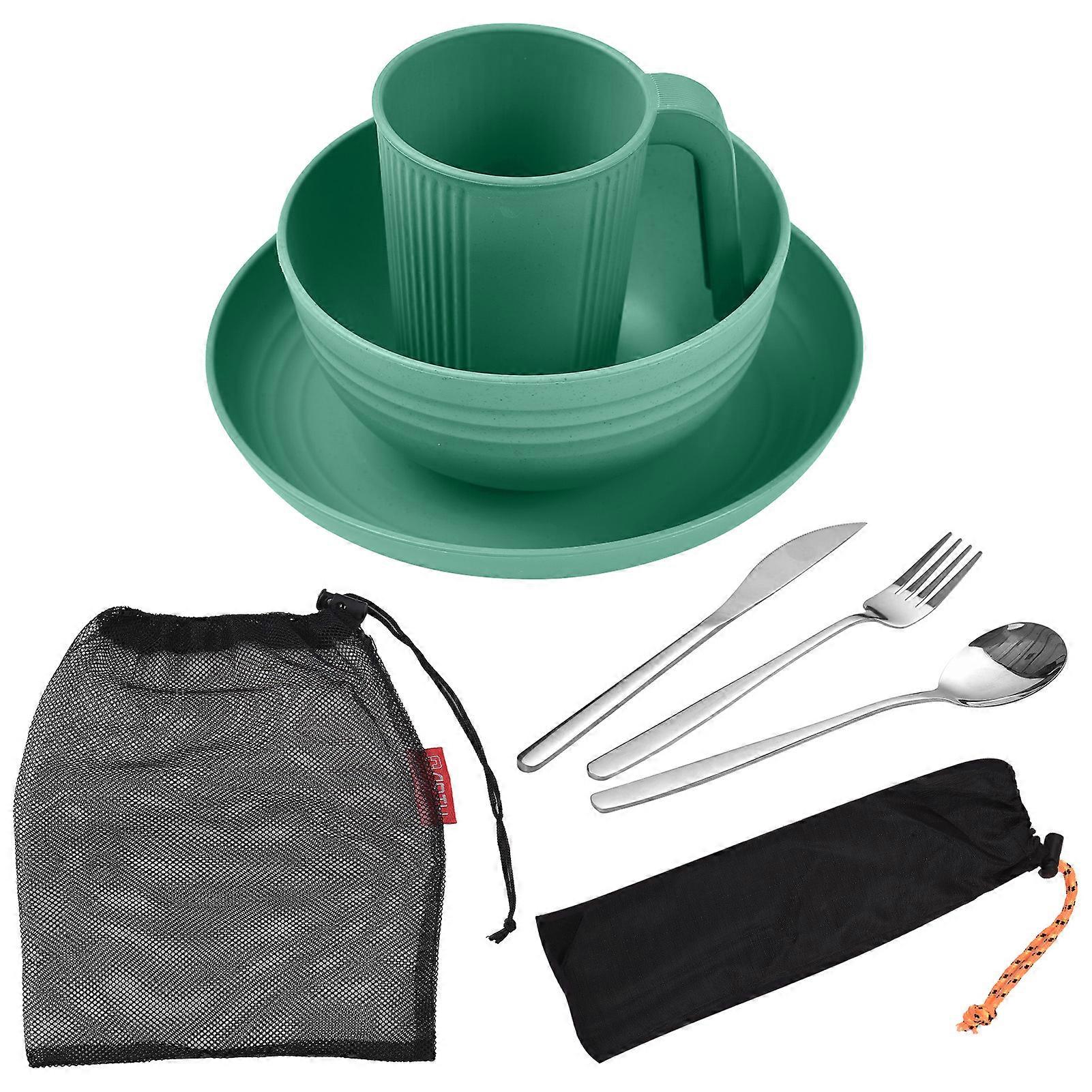 Camping Utensils Set for 1 Portable Wheat Straw Mess Kit with Bowl Plate Cup Fork Knife Spoon Outdoor Tableware & Picnicware