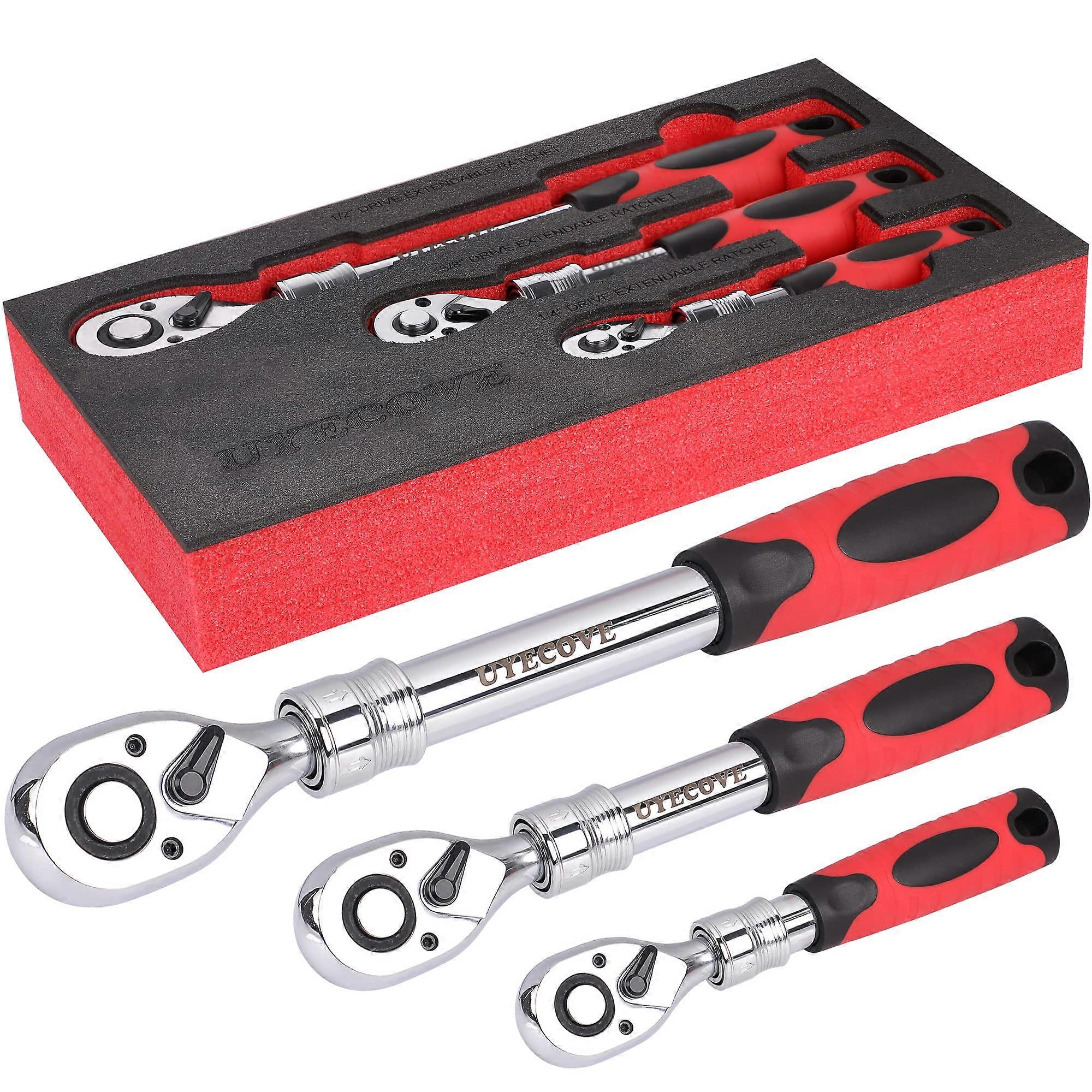 3Piece Extendable Ratchet Set, 1/4 3/8 1/2 Inch Extendable Socket Wrench, 72Tooth QuickRelease
