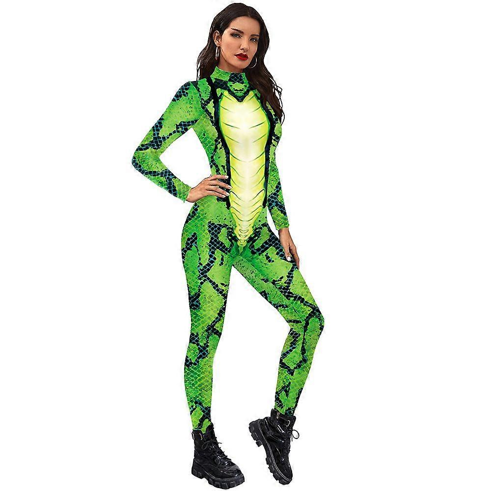 WomenS Snake Print Jumpsuit Green reptile bodysuit with long sleeves