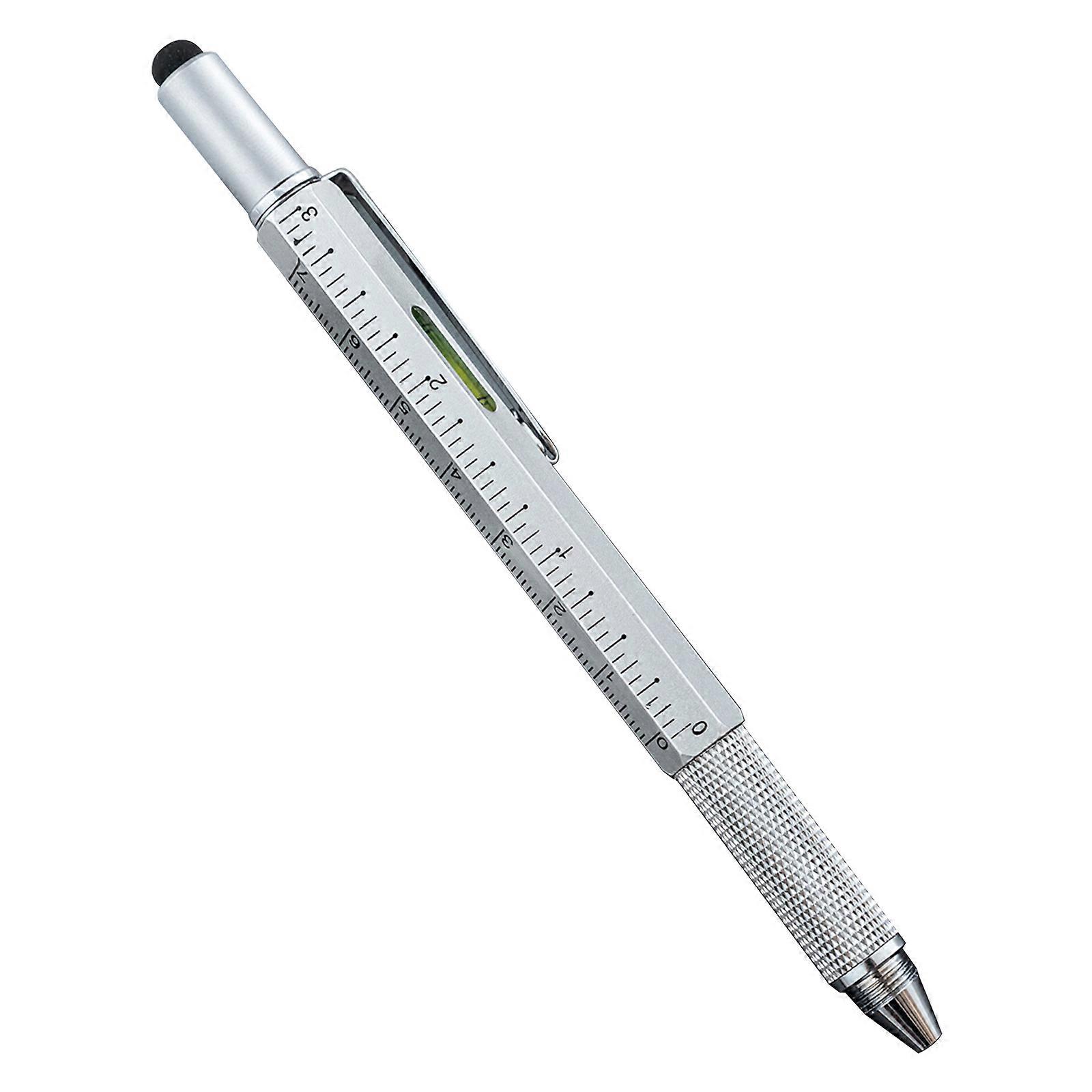 Practical Tool Pen 7-in-1 Multi-Tool Pen Ballpoint Pen Ruler Spirit Level Touch Screen-Stylus Pens Cool Gadget for Men  Silver