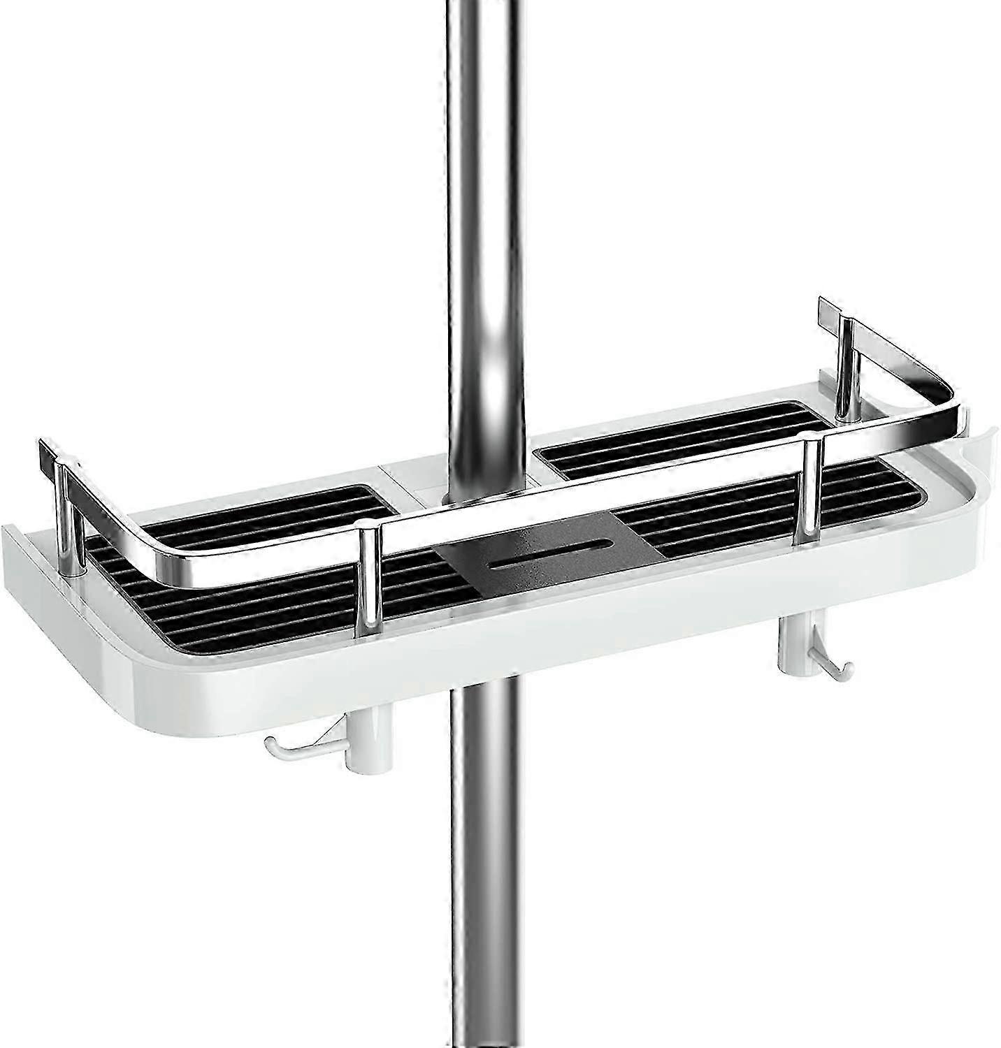 Adjustable No-Drill Shower Shelf for Rod, Bathroom Storage with 2 Hooks