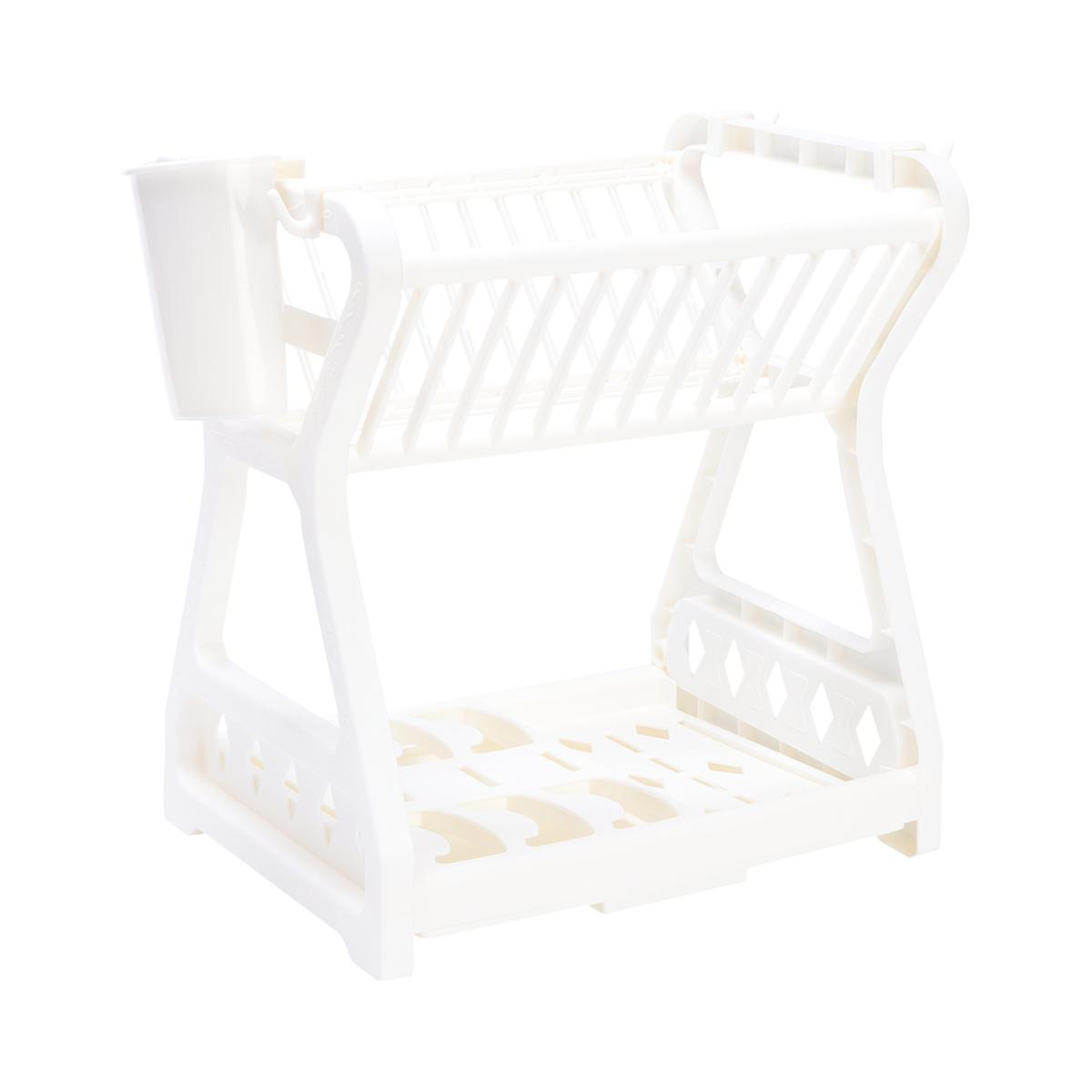 Kitchen Storage Shelf Plastic Dish Drainer White Rectangular Shape Two-tiered Design 1Set
