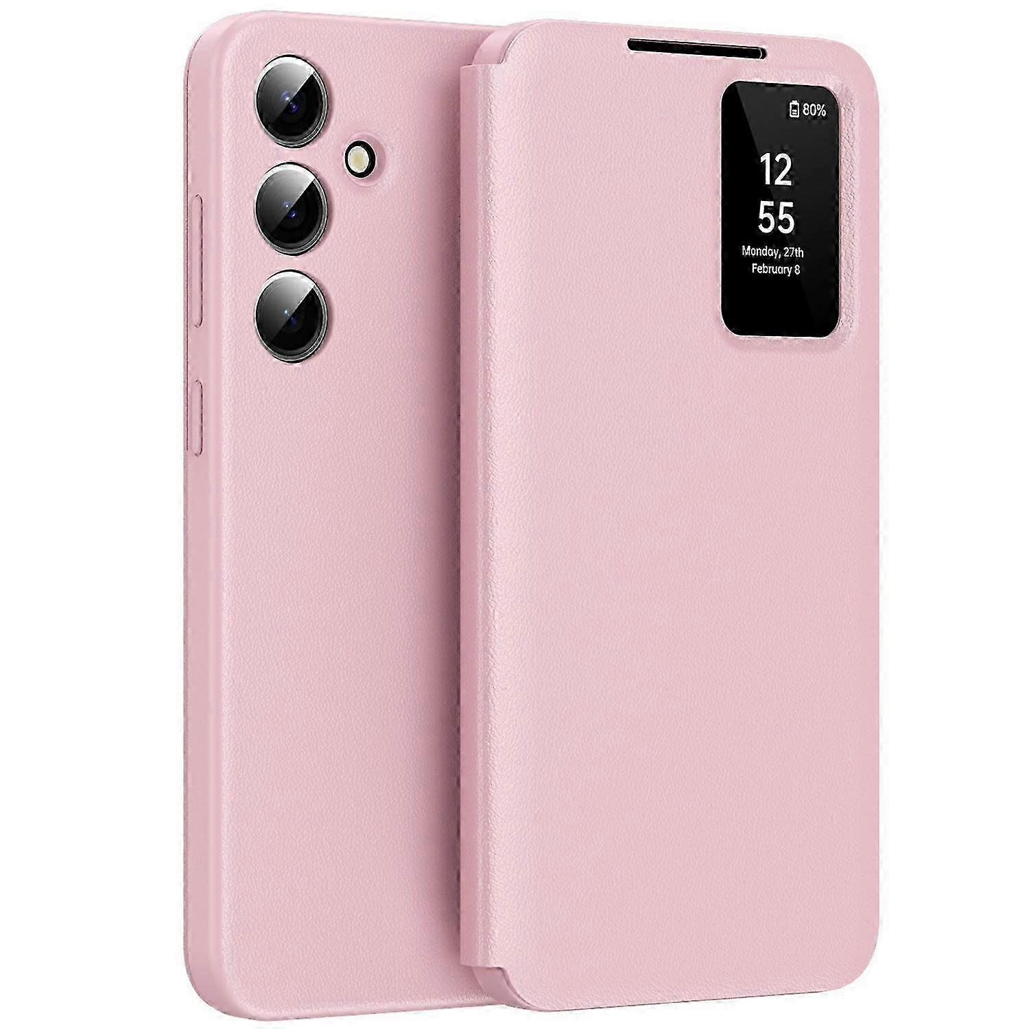 Green Leather Phone Case with Card Holder and Smart View Window for 5G Smartphones