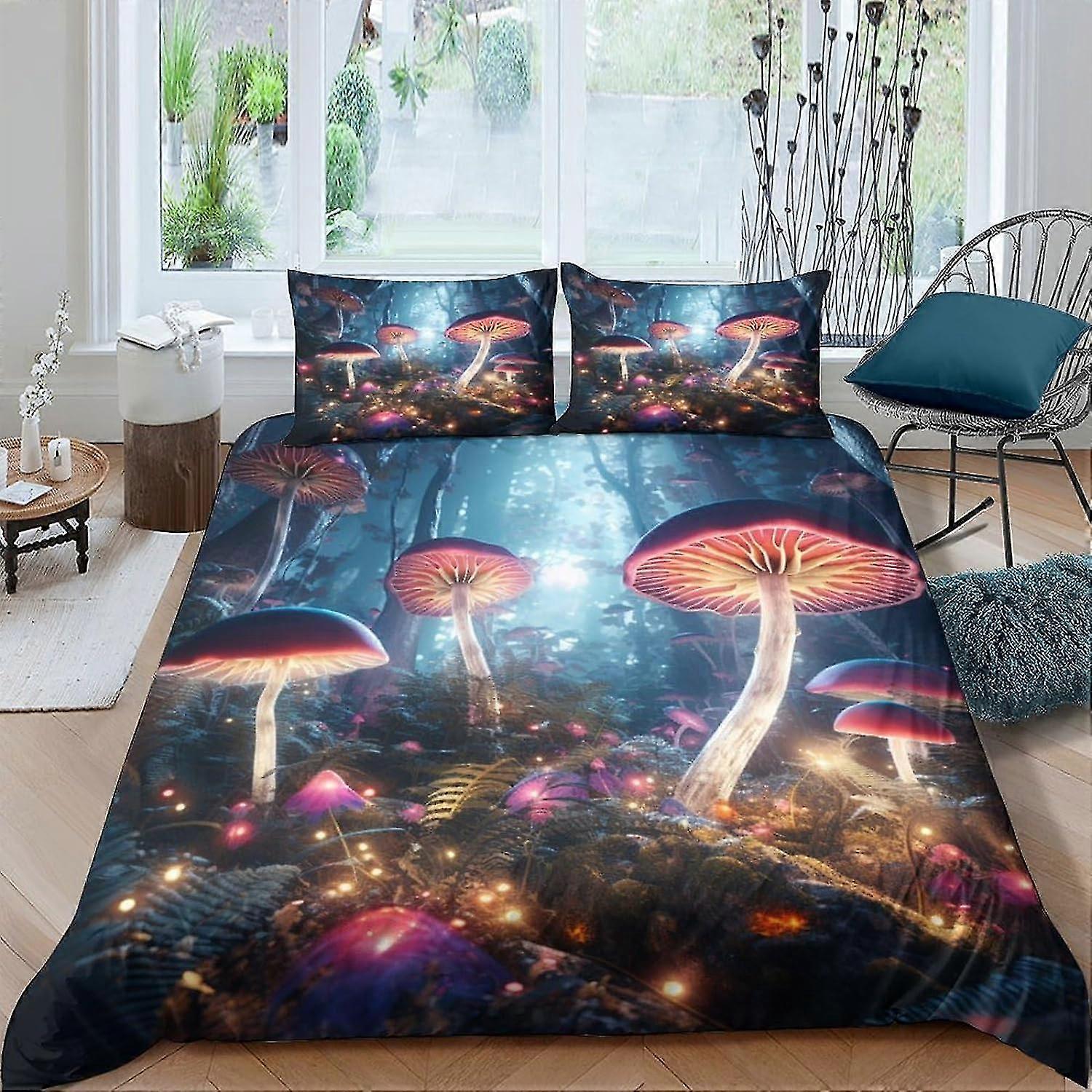 Conjunto de capa de edredom com impressão 3D de cogumelos de fantasia com fecho de zíper oculto, microfibra Poliéster Capa de edredom de floresta de fadas adequada para 