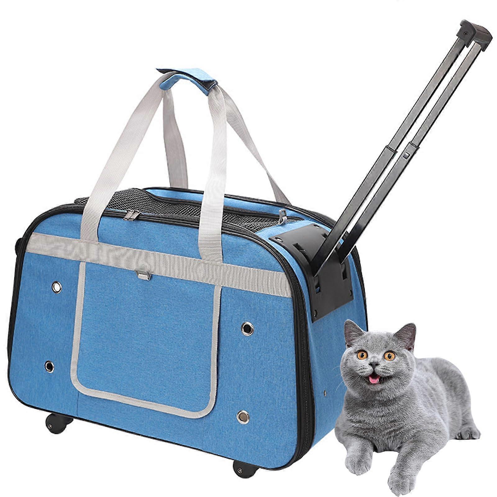 Dog Transport Box with Wheels, Cat Trolley for Transport, Foldable Roll Carrier, Blue