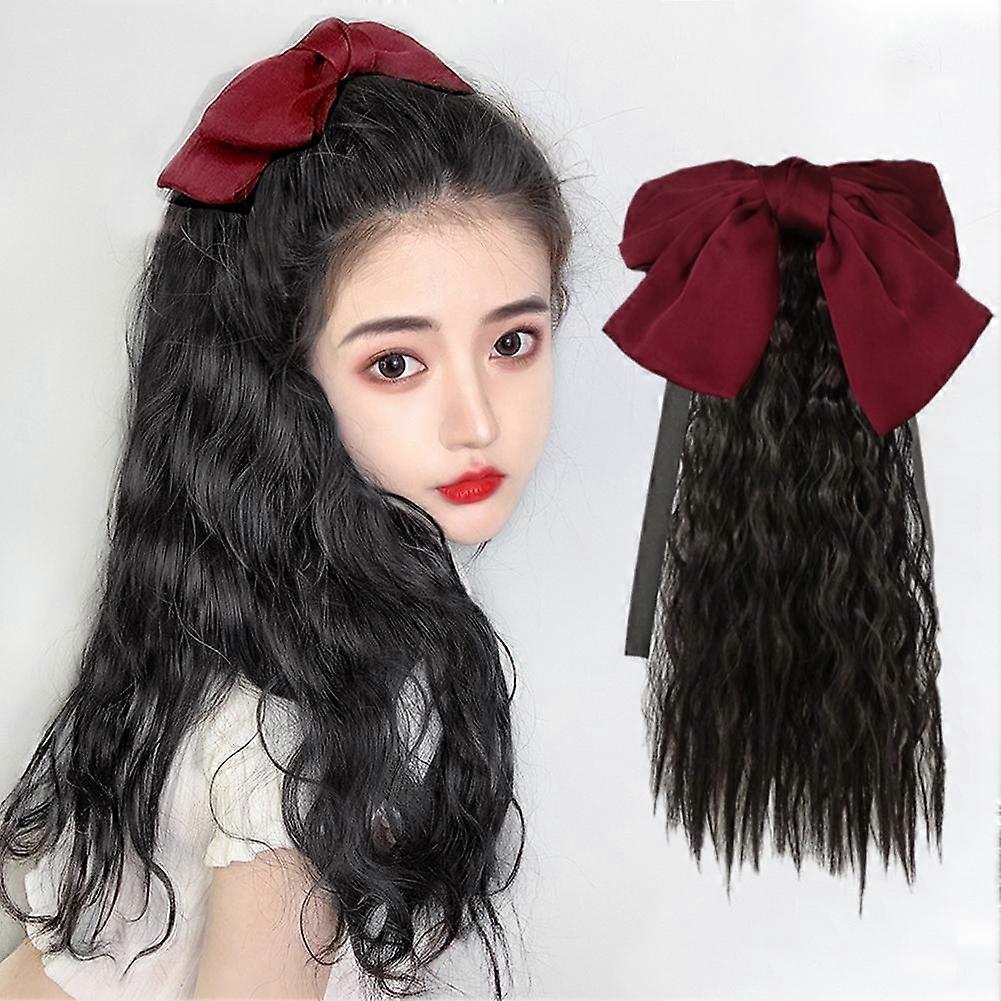 Black bow natural black (A)$Children's ponytail wig girls' medium-length curly hair bow wig ponytail net celebrity tie-up corn perm ponytail