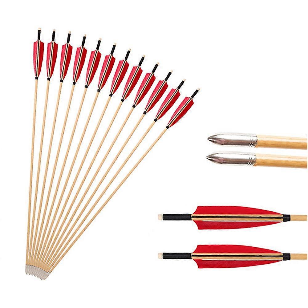 12pcs 32inch wooden arrows, AD 8mm, with 5inch feather fletching, for archery practice