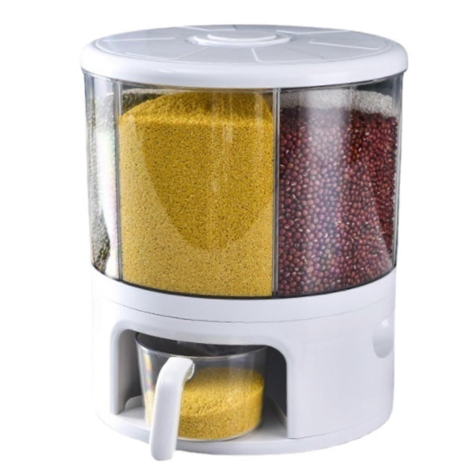 Cereal Dispenser 360-Degree Rotating, 6 Compartments, One-Touch Serving, Round Multi-Grain Cup, 34x29.5cm White