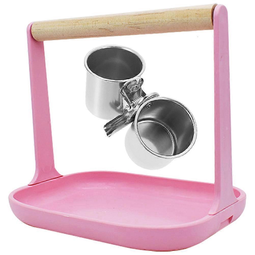 Pink Multifunctional Bird Perch Stand with Feeding Cup for Pet Use Portable and Strong
