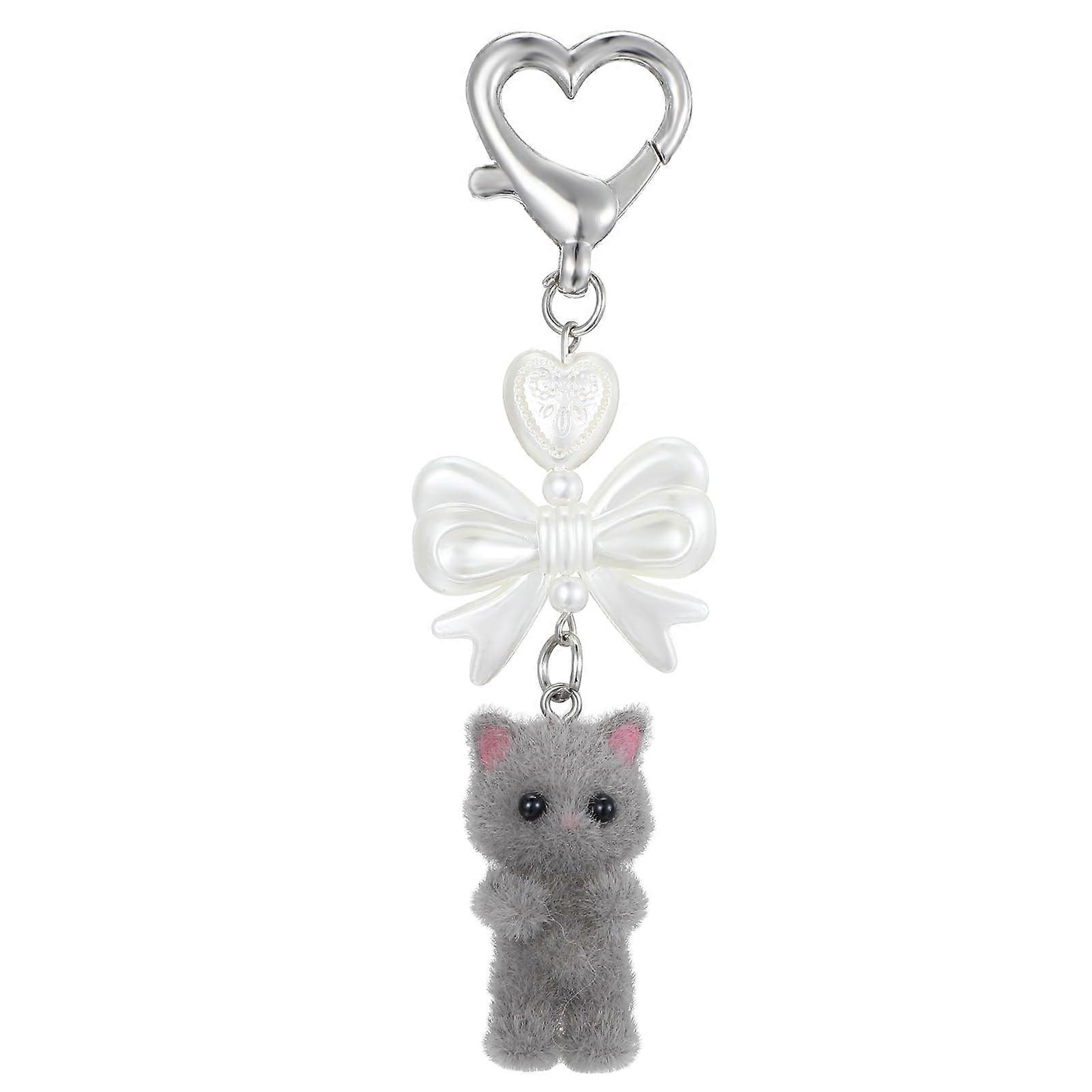 Plush Cat Keychain Cute Kittens Heart Shaped Keychain with Bow Y2K Gray Aesthetic Accessory for Bags and Purses