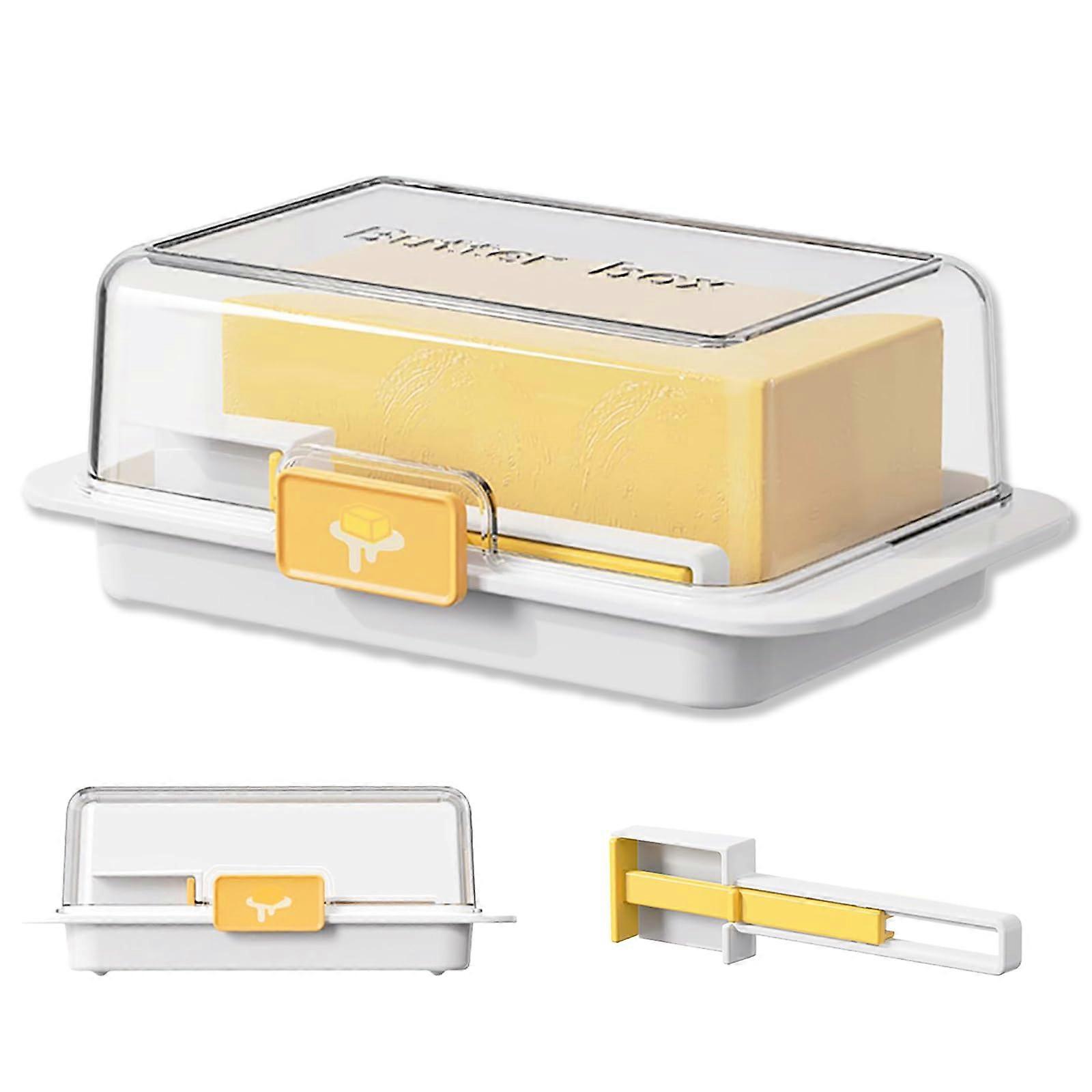 Butter Dish With Cutter And Airtight Lid, Clear Reusable Plastic Butter Container, White, 18.1 x 11 x 6.8 cm