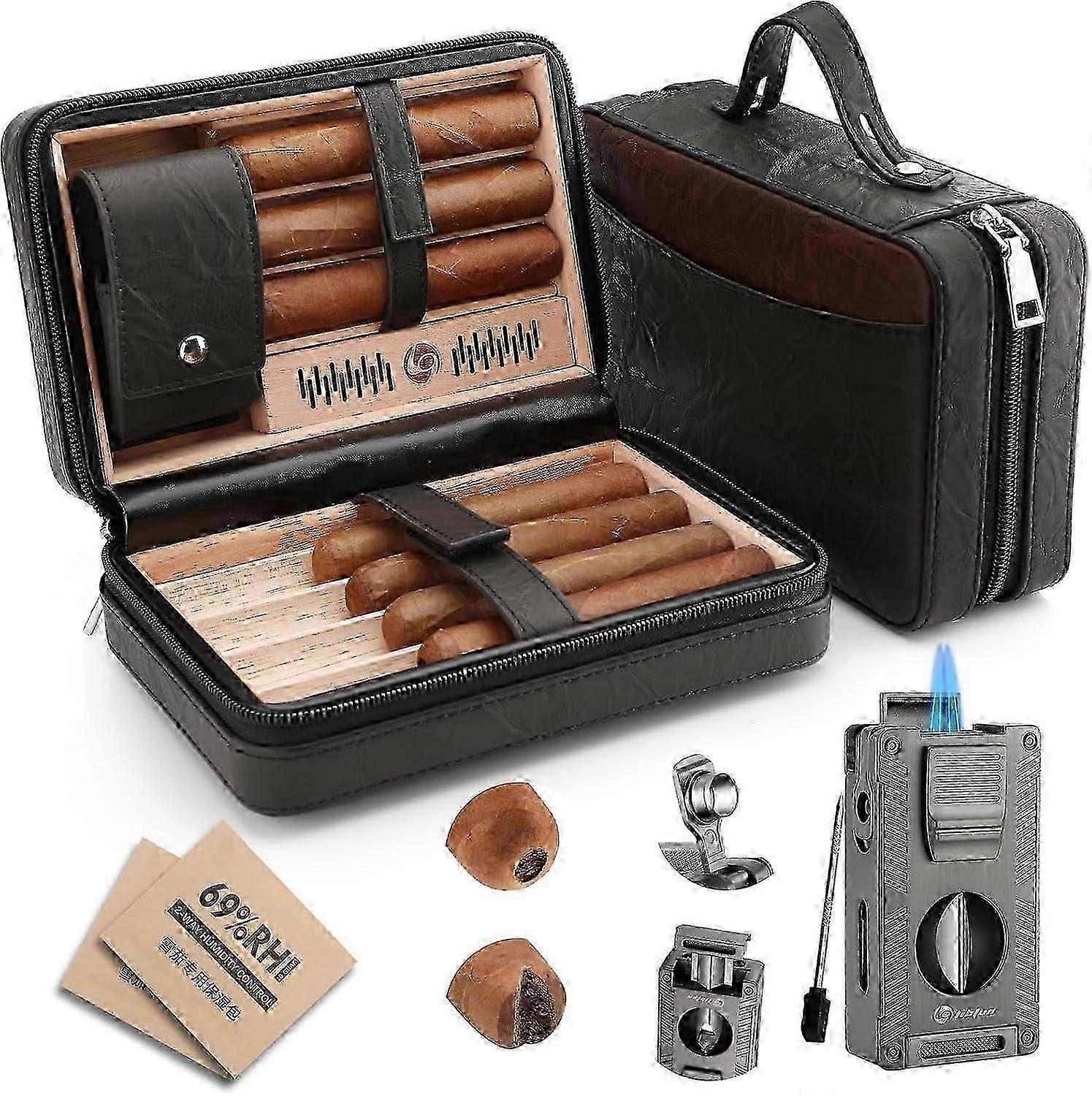 Leather Cedar Wood Travel Cigar Humidor Case with Multifunctional 5 in 1 Lighter Set Portable Humidor Box with Two Way Humidity Control
