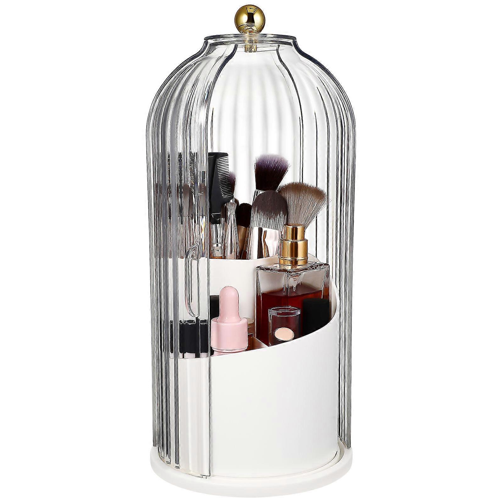 Makeup Brush Storage Box with Rotating Base and Transparent Cover for Home Use White