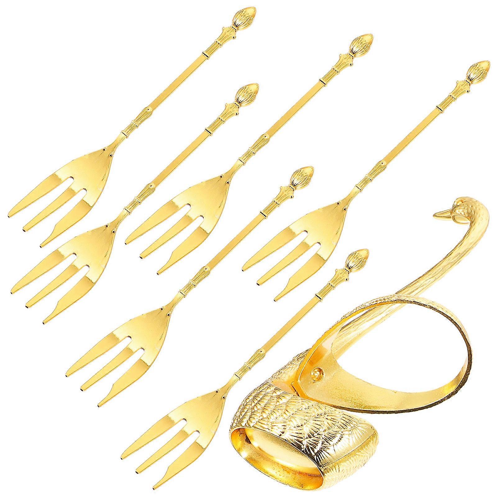 1 Set Of Spoon Holder With 6Pcs Eating Spoons For Kitchen Counter Gold Aluminium Storage