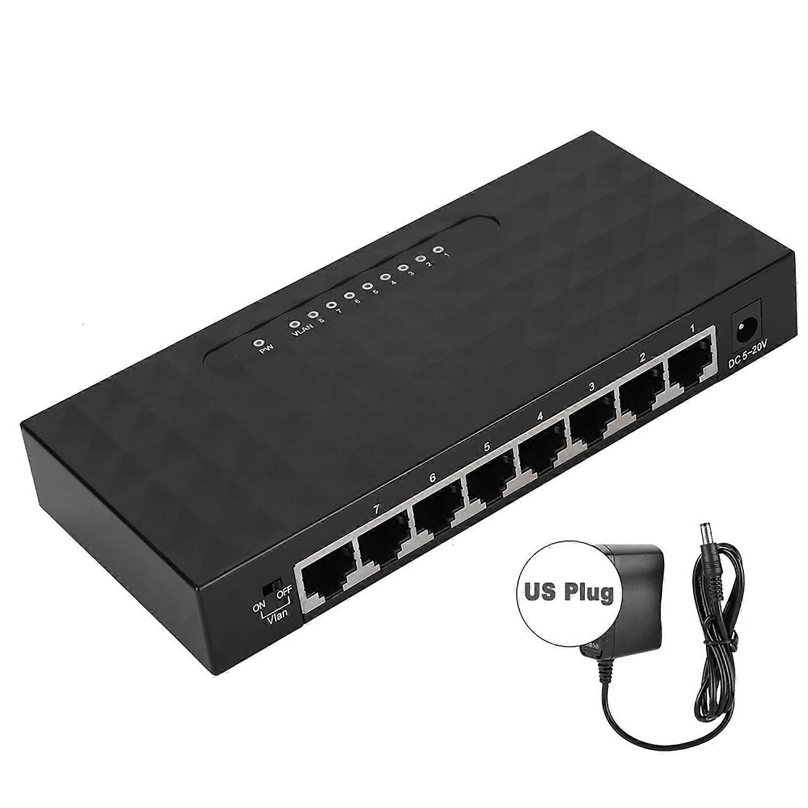 8 Ports High Performance Network VLAN Hub 100M Ethernet Desktop Switch 100‑240V Black