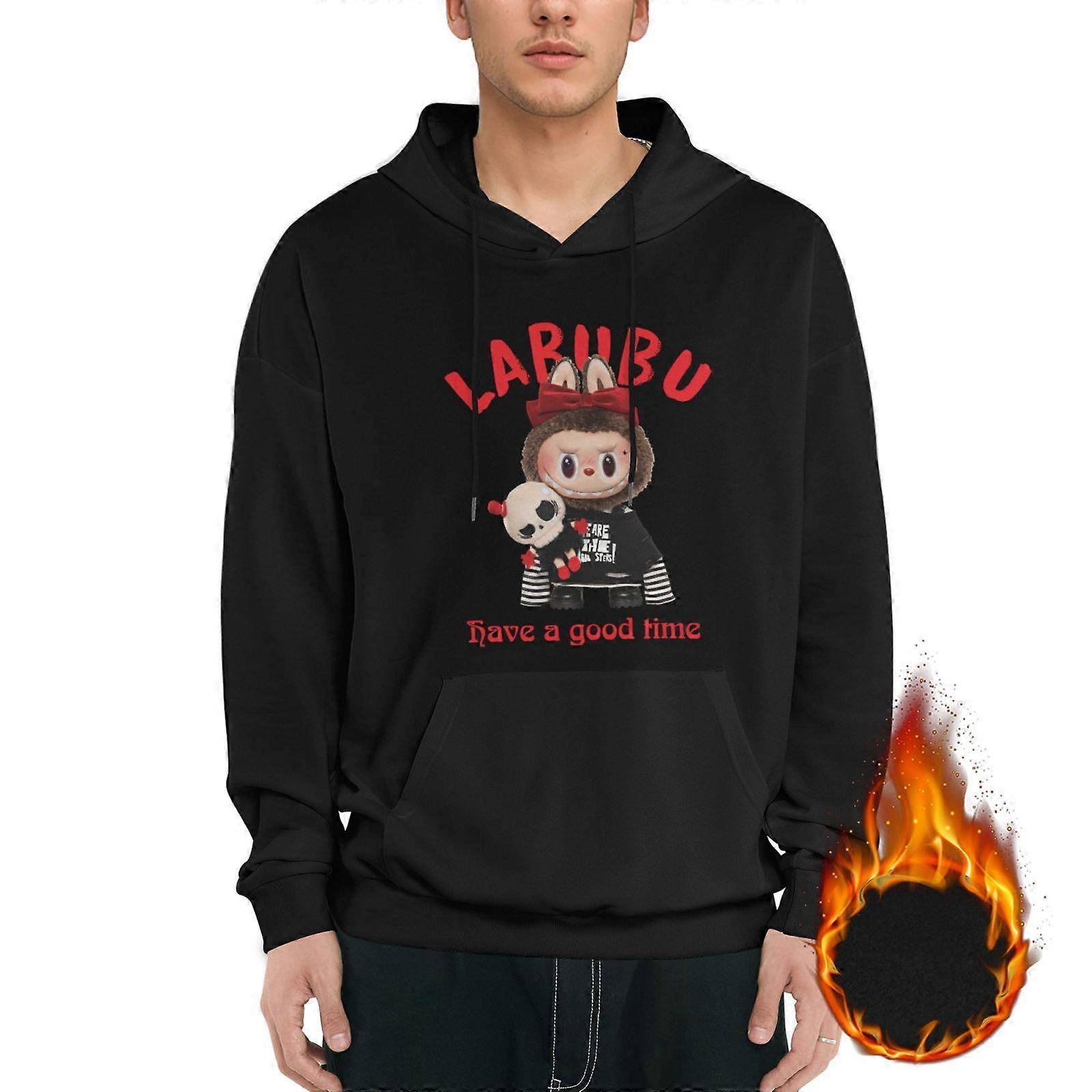 Labubu in Black Outfit with Red Bow and Skull Doll 'Have a Good Time' Print Men's Hoodie