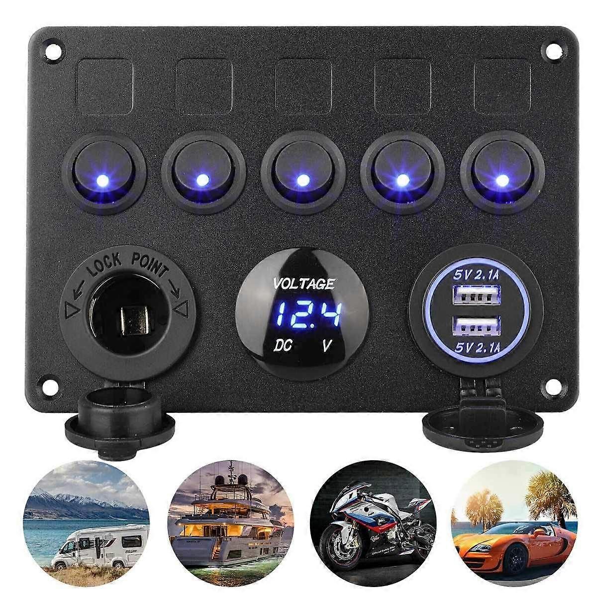 Gang Switch Panel ON-OFF Toggle Switch Panel Dual USB Charger LED Voltmeter