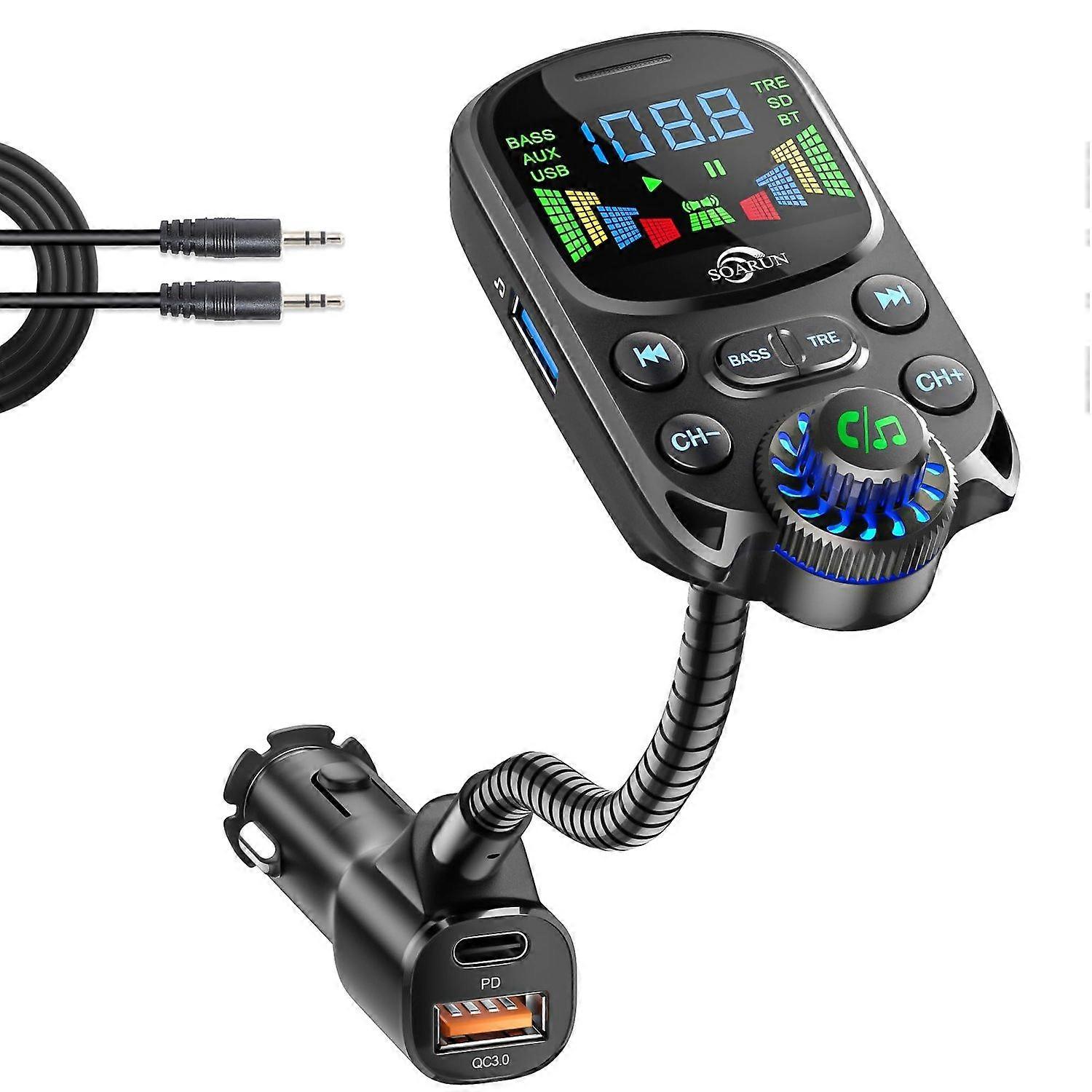 Bluetooth 5.3 FM Transmitter, 48W AUX Car Adapter Charger with HiFi Sound, Wireless Radio Receiver, Hands-Free Car Kit with 1.6'' Display, Supports Au