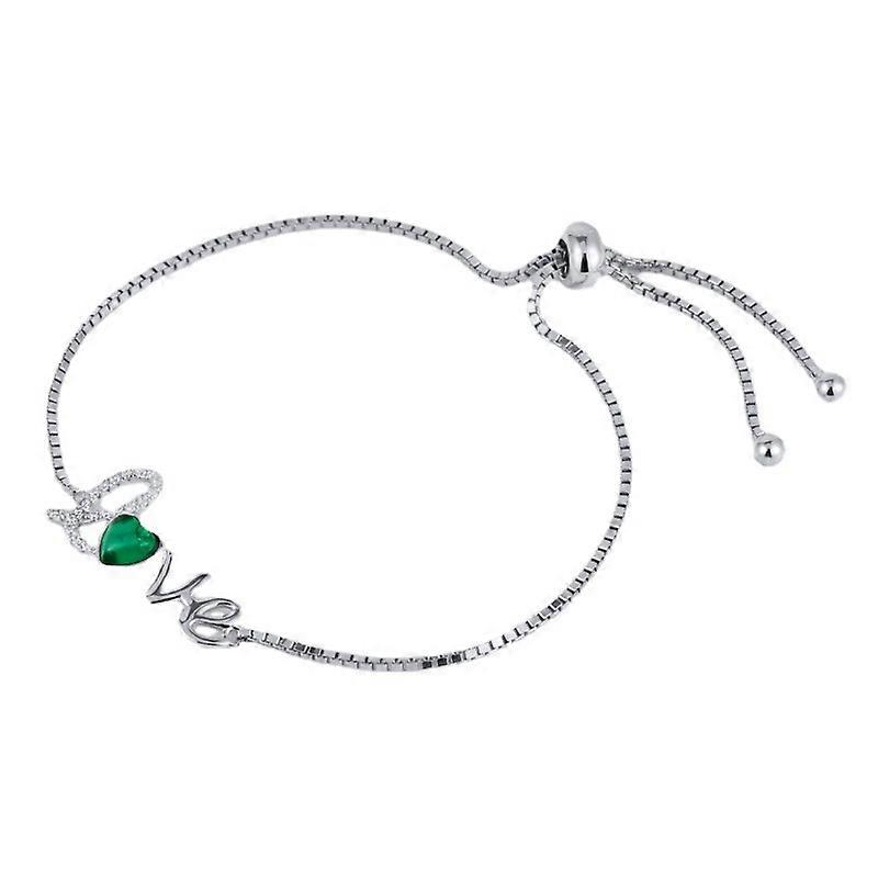 S925 Silver Adjustable Love - themed Bracelet with Heart - shaped Emerald Inlay