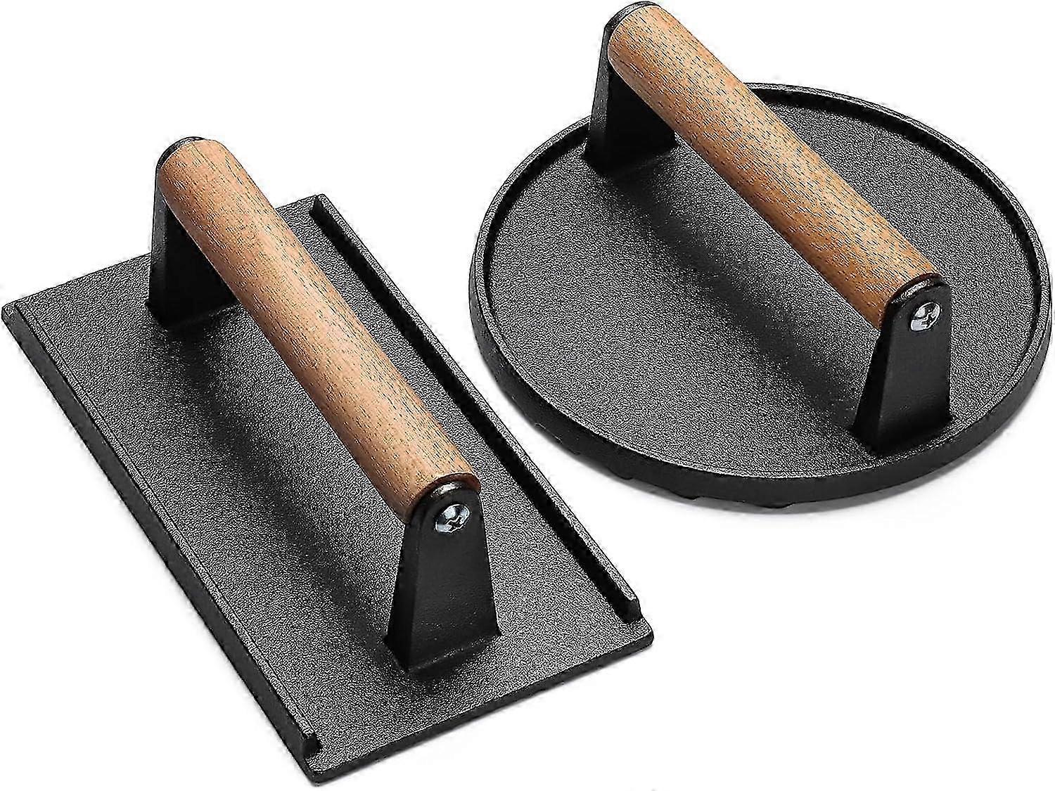 Burger Press, 7" Round & 8.2"X4.3" Rectangle Heavy-Duty Cast Iron Smash Bacon Press Meat Steak with Wood Handle for Griddle, Sandwich, Nonstick Pan