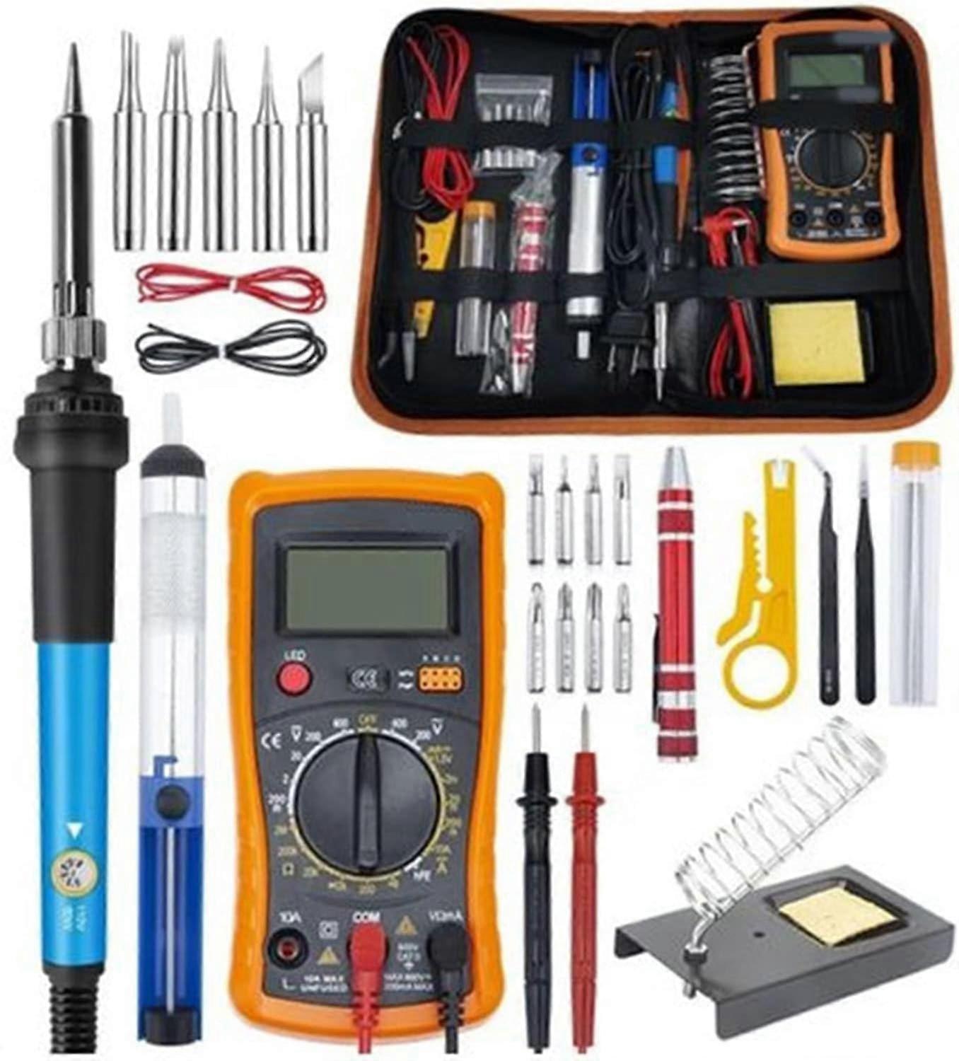 Electric Soldering Iron Set 60W, Adjustable Temperature, 25Piece Kit With Digital Multimeter, Tips, Tweezers, Screwdriver