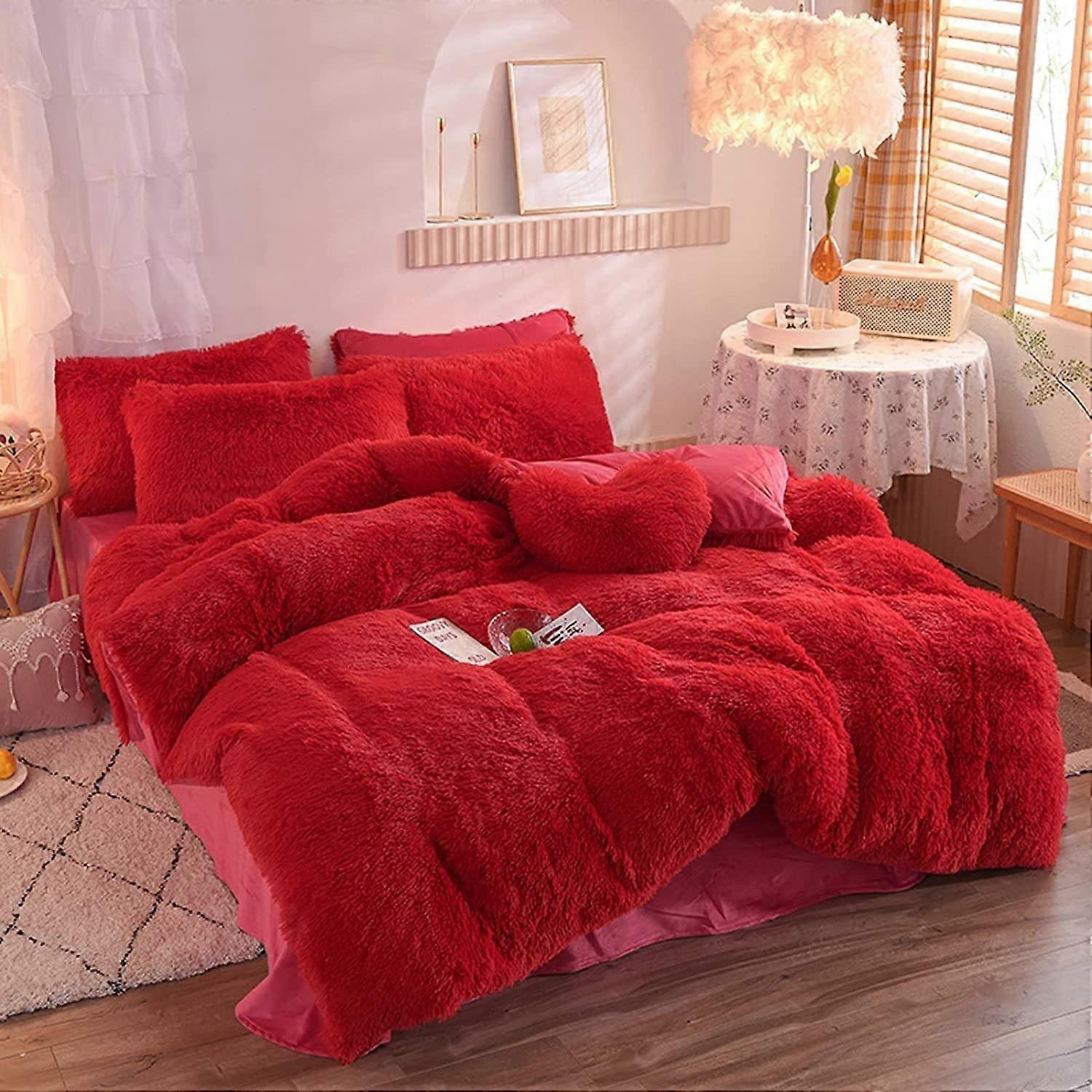 4Pcs Bedding Duvet Cover Set Shaggy Velvet Fluffy King Red Includes Faux Duvet Cover Flat Sheet And 2 Pillowcases