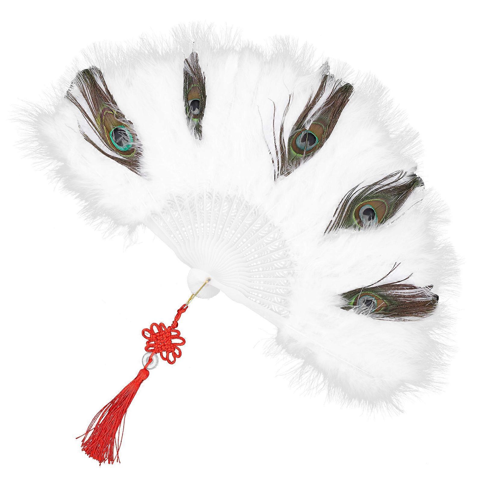 White Plume Folding Fan for Handheld Use with 2Pcs Performance Fans