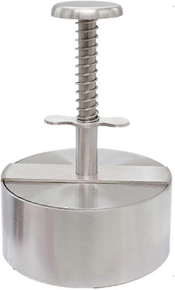 Adjustable burger press with spring button, stainless steel, non-stick.
