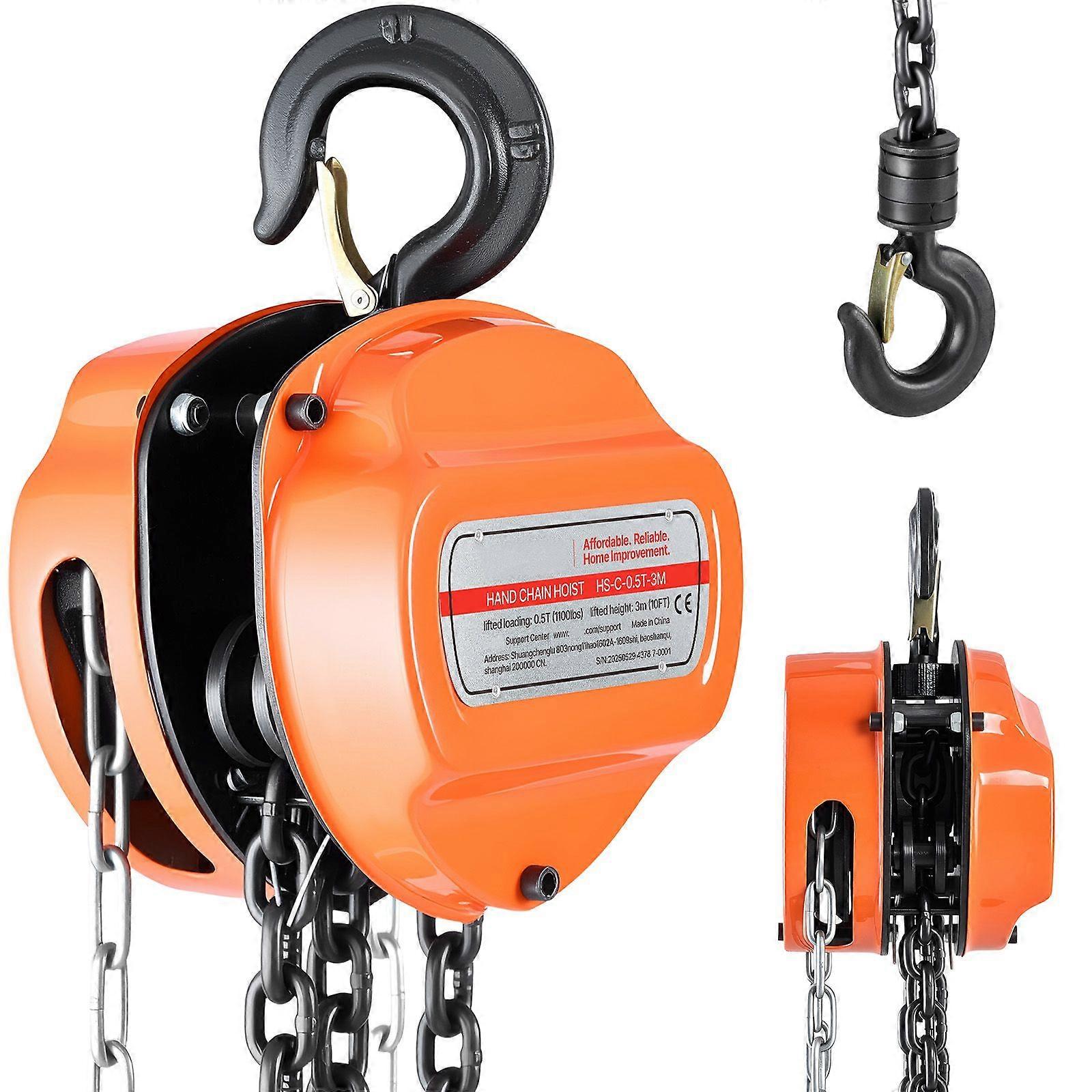 Hand Chain Hoist, 1/2 Ton Capacity, Manual Chain Block with Upgrade G80 Galvanized Chain, 3 m Lifting Height, Orange