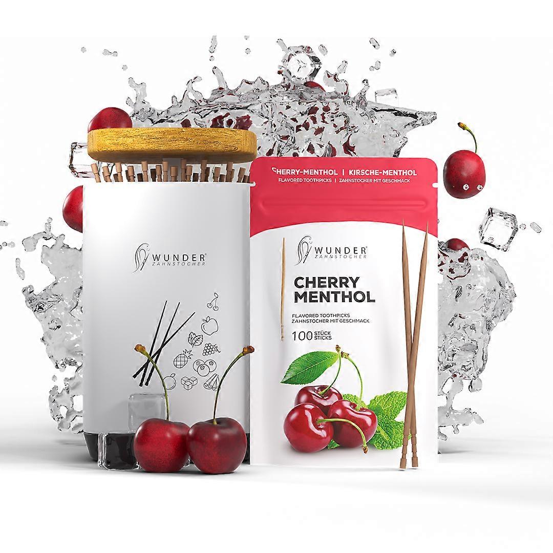 Miracle Toothpicks - 1x Cherry/Menthol Refill Miracle Toothpicks with Flavor 100 pieces + 1 x Toothpick Dispenser for your lifestyle