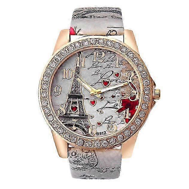 Eiffel Tower + Heart Pattern Leather Strap Quartz Watch for Women