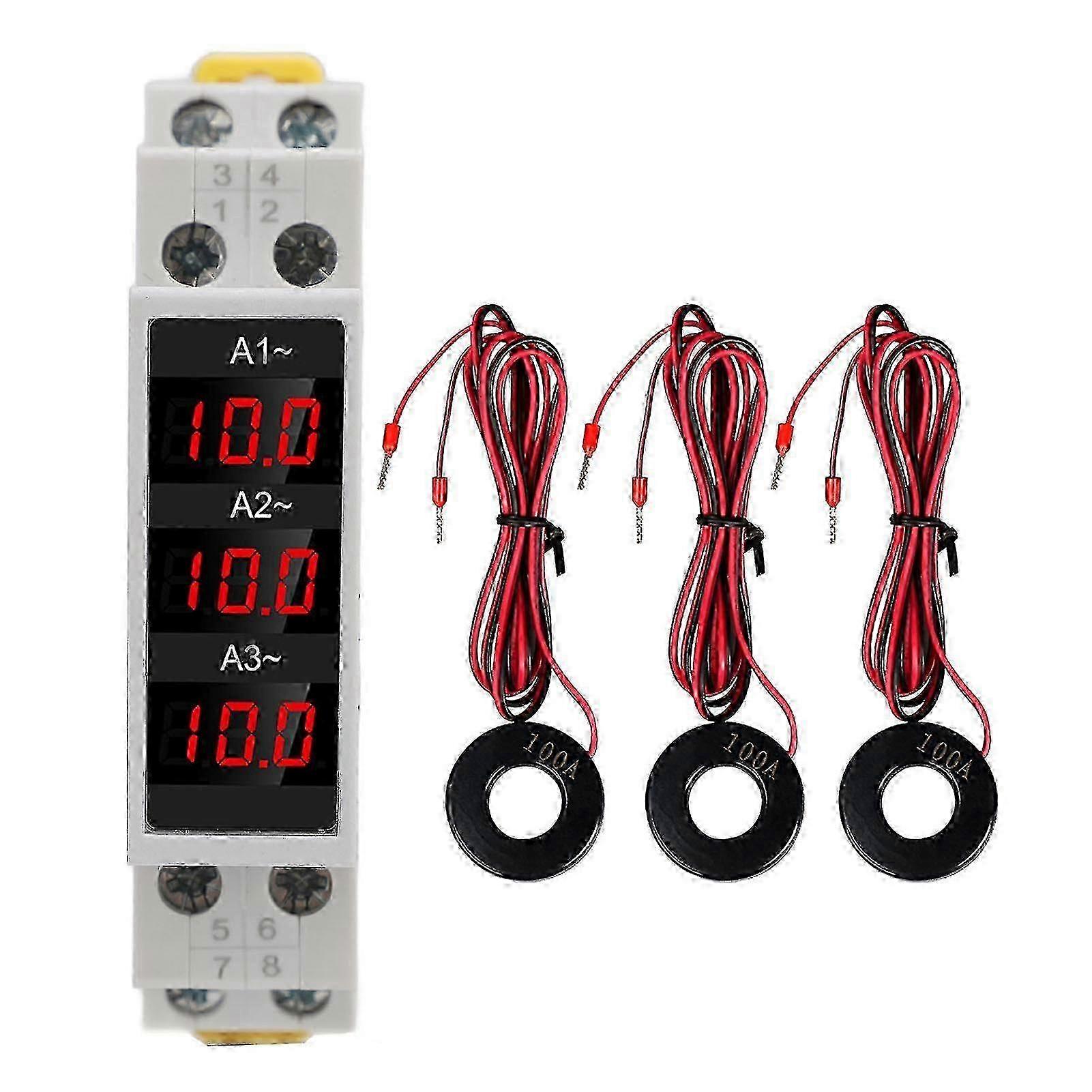 3 Phase DIN Rail Ammeter LED Digital Display High Accuracy Amp Meter with 3 Sensors AC 80-500V 1100A Edition 1107